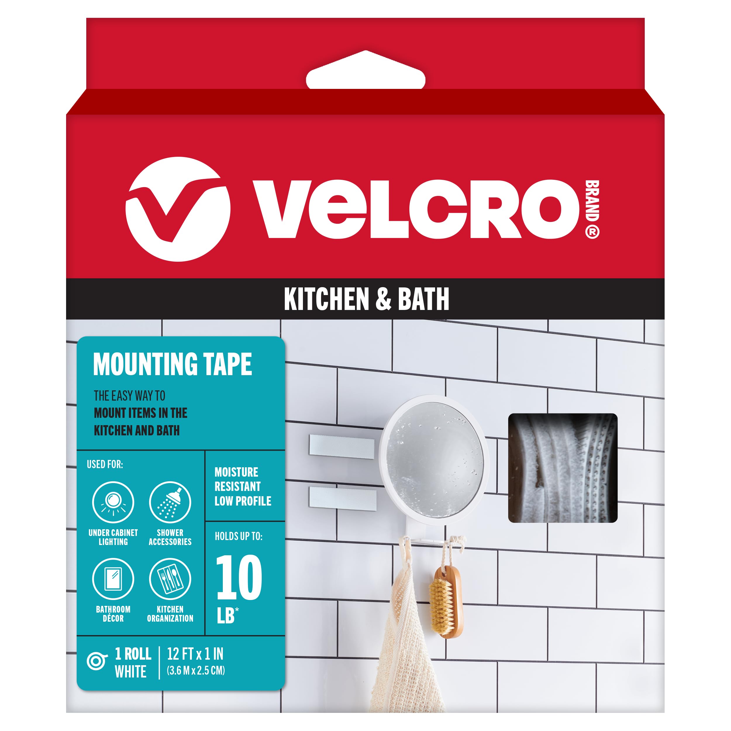 VELCRO Brand Kitchen and Bath Mounting Tape. Moisture Resistant for Installing Shower Accessories and Bathroom Decor. 12ft Heavy Duty Roll Holds 10 pounds. Easy Peel and Stick Application, White