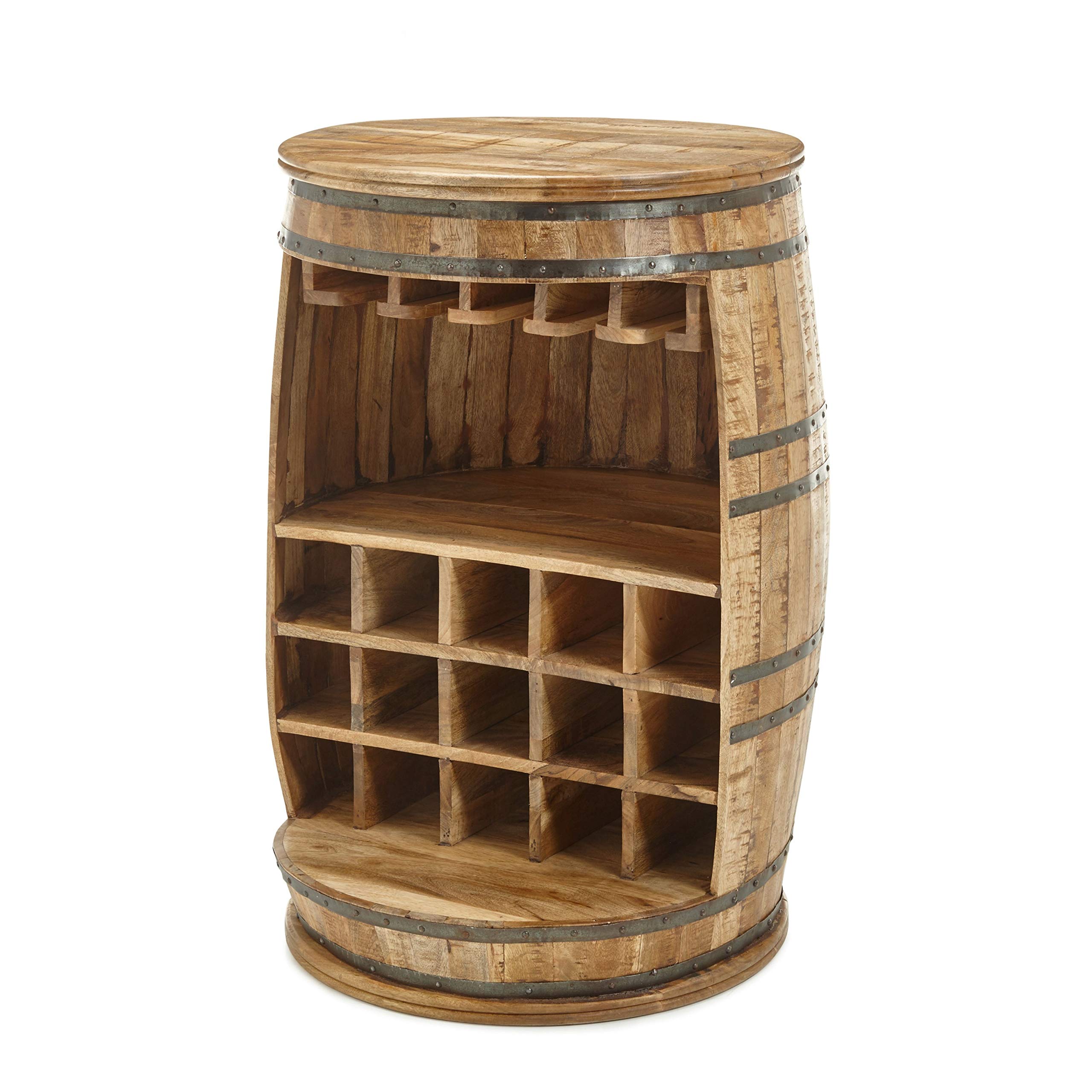 Stella Trading FIASKO Vintage Weinfass Bar Massivholz Mango - Stylisher Barschrank Weinschrank mit Ablage, Gläserhalterungen & Flaschenfächern - 58 x 91 x 58 cm (B/H/T)