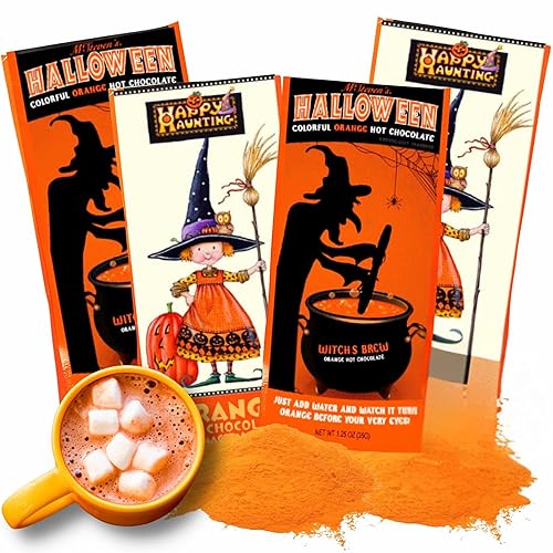 Halloween Hot Chocolate Packets, Orange Cocoa Mix with Festive Design, Spooky Party Favors (Pack of 4)