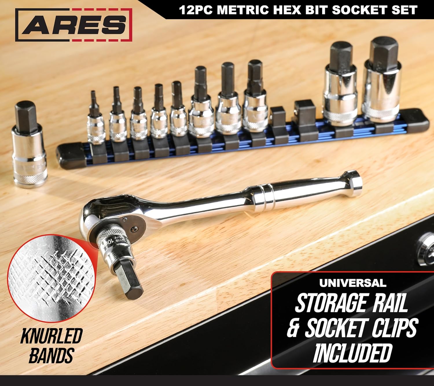 ARES 70108-12-Piece Metric Hex Bit Socket Set - Chrome Vanadium Sockets with S2 Alloy Bits - Includes Aluminum Socket Organizer