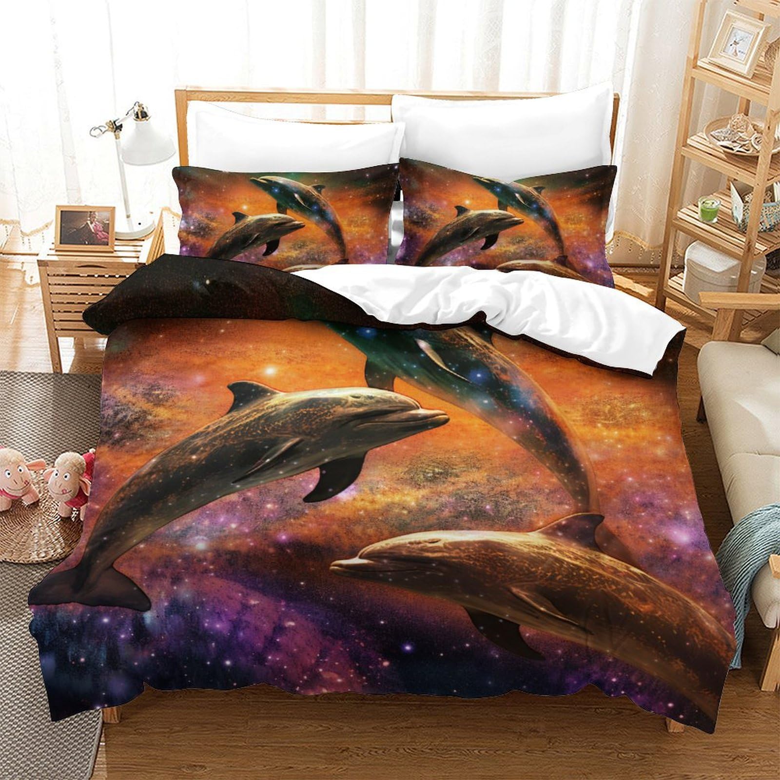 Housse de couette dauphin 200x200 cm avec 2 taies d'oreiller pour lit double ado
