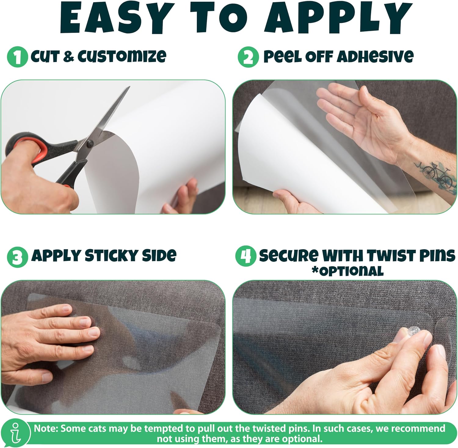 Anti Cat Scratch Furniture Protector, 24-Pack Couch Protector from Cat Claws – Heavy-Duty, Easy-to-Apply Scratching Deterrent and Shield for Sofa Corners, Walls, Doors- with 124 Twist Pins