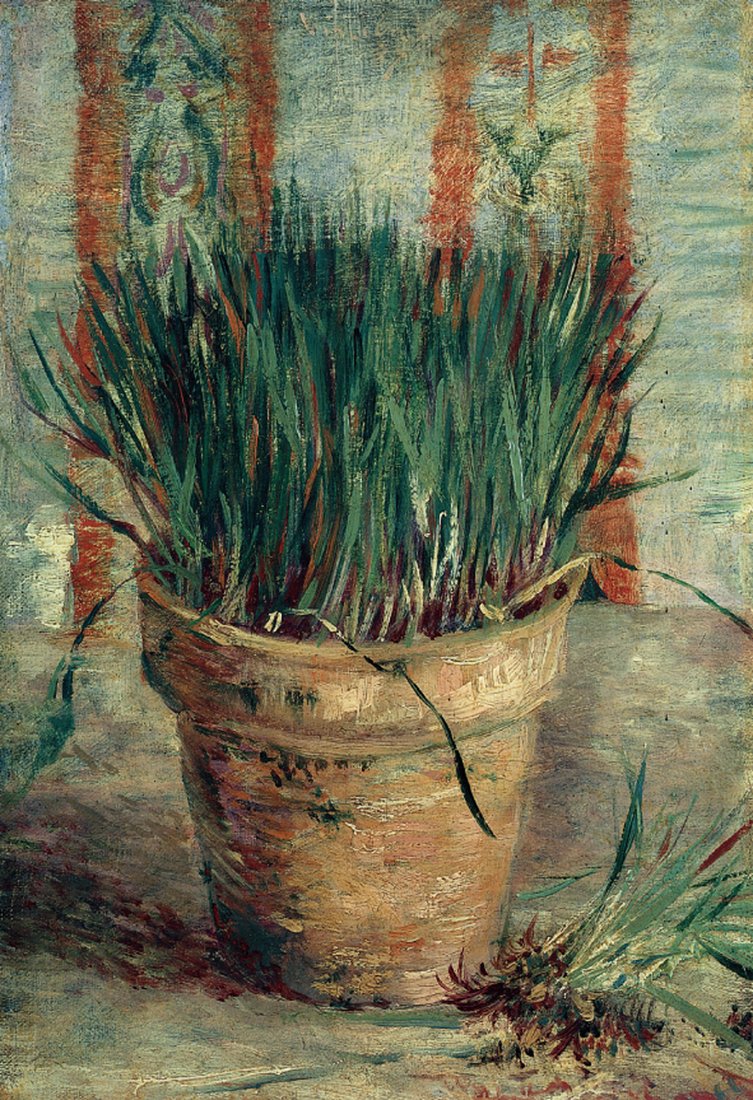 Maceta con cebollino de Van Gogh. 100% pintada a mano. Reproducción al óleo (sin enmarcar y sin estirar). 132 x 75 pulgadas