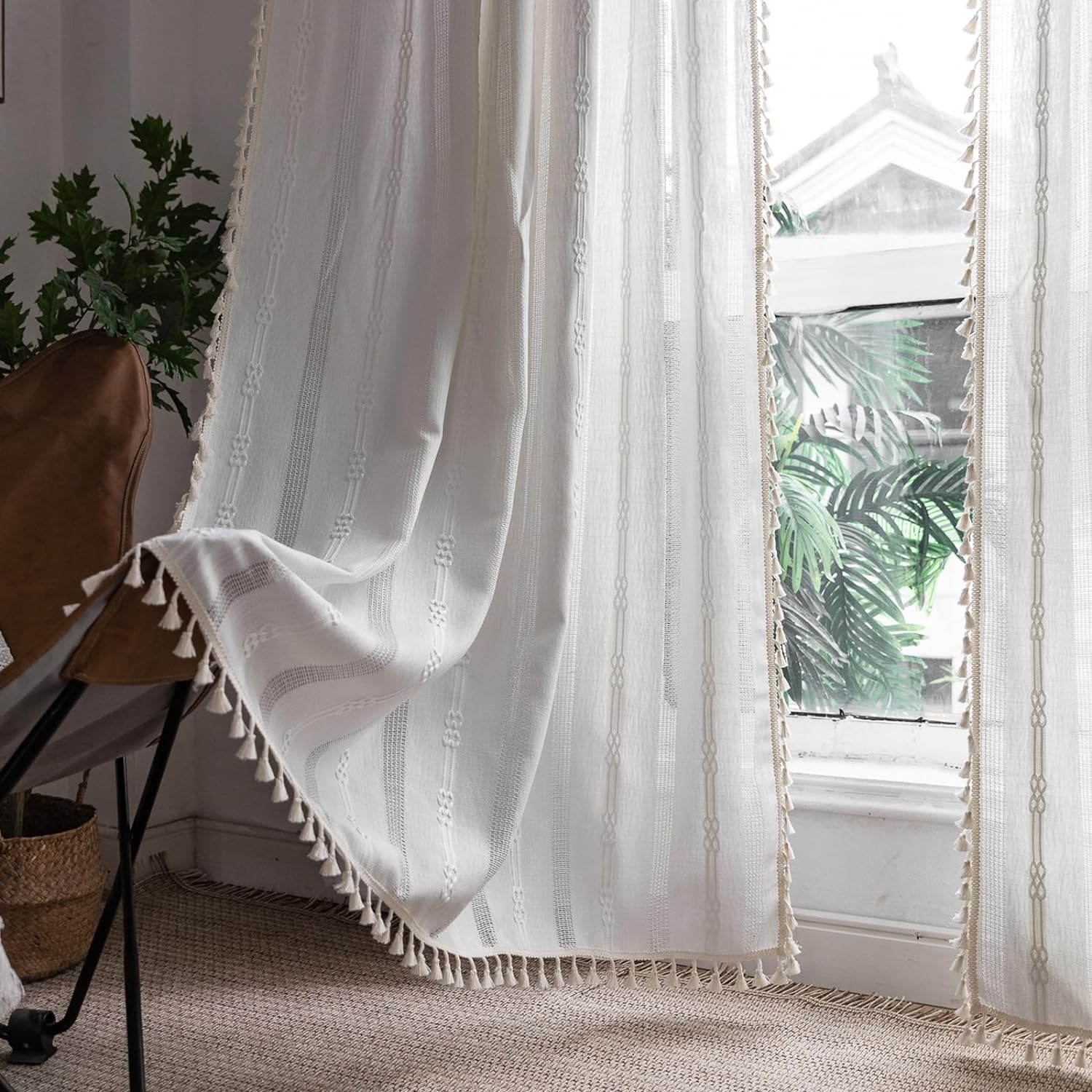 Boho Linen Curtains Farmhouse Cotton Cream Curtains 63" 84" 96" inches Length Semi Blackout Curtains with Embroidery Striped Light Filtering Drapes 2 Panels Set for Living Room Bedroom, Ivory White Ivory White 52"W x 63"L (Pack of 2)