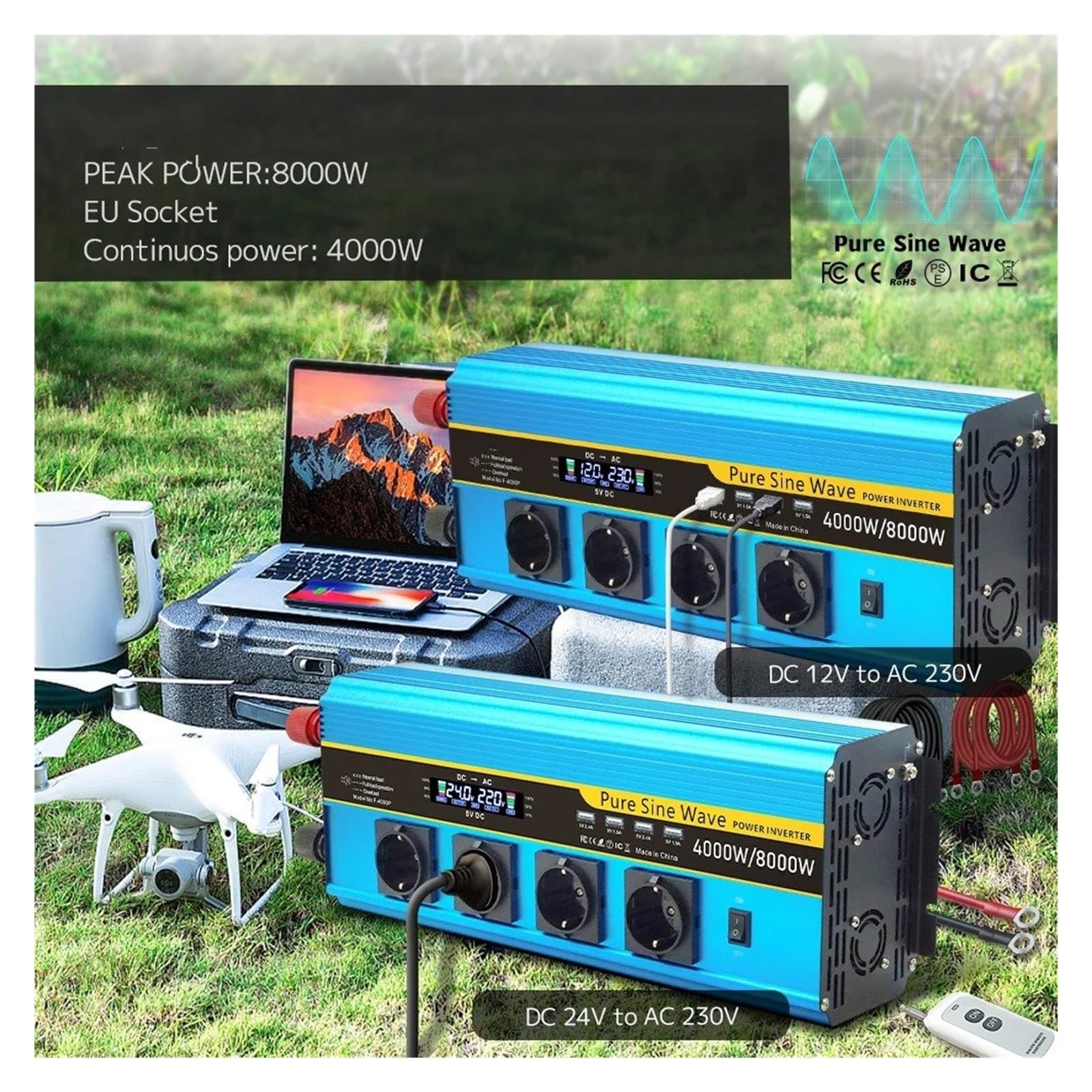 Convertidor Inversor Transformador Inversor Onda Sinusoidal Pura 8000W CC 12V/24V A CA 220V/230V Control Remoto Pantalla LCD Convertidor para Autocaravana Batería Solar(AC24V,50Hz Uni,6000W Peak)
