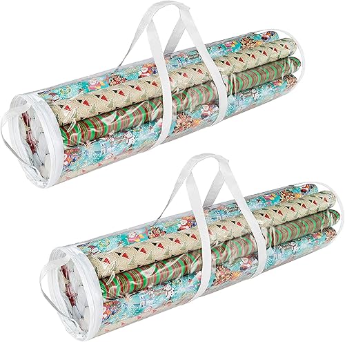 Elf Stor Bolsas de almacenamiento de papel de regalo de 31 pulgadas de largo, 2 bolsas transparentes con asas, se adapta a hasta 25 rollos de papel