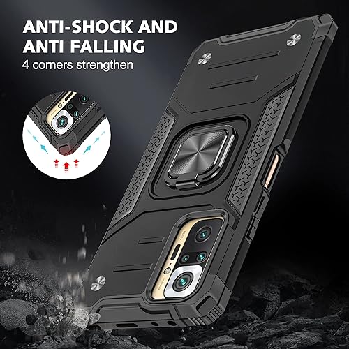 Vista 5 de Asuwish Funda de teléfono para Xiaomi Redmi Note 10/10S 4G con protector de pantalla de vidrio templado y soporte de anillo delgado híbrido Negro