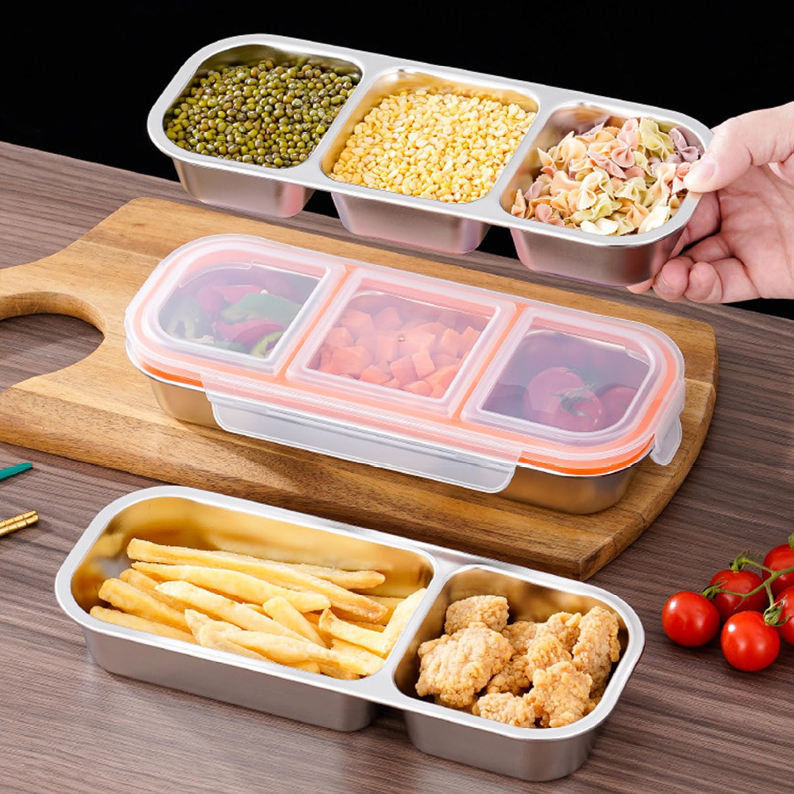 Boîte À Déjeuner Multi-Compartiments en Acier Inoxydable 2 Pièces avec Couvercle Étanche Plateau De Collations Passe Micro-Ondes Récipient Alimentaire Divisé Stainless Steel Meal Preps Box