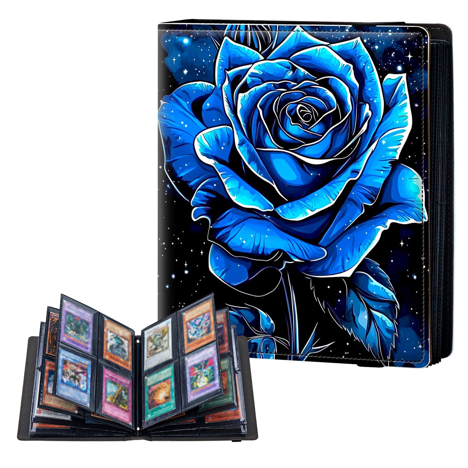 ETLKJVBL 4 Pocket Trading Card Binder, Card Collection Binder for TCG, MTG, Sports Cards, Baseball, Blue Rose Pattern Trading Card Book Holder for Collectors, Top Loader Binder