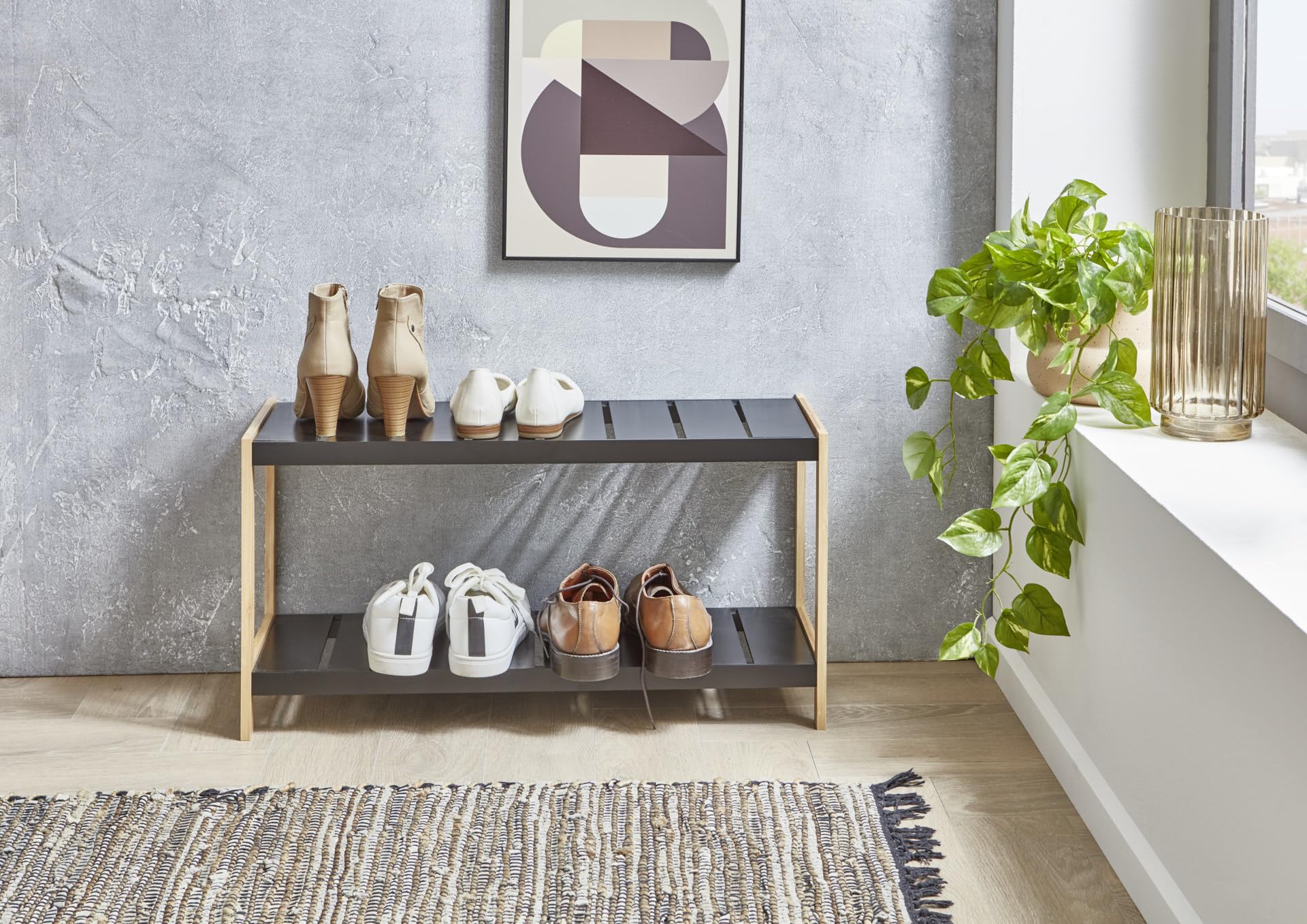 Homes & Jones Schuhregal Francis 69,8x26x36 cm schwarzes Holz 2 Ablagen kompakt Flur Diele