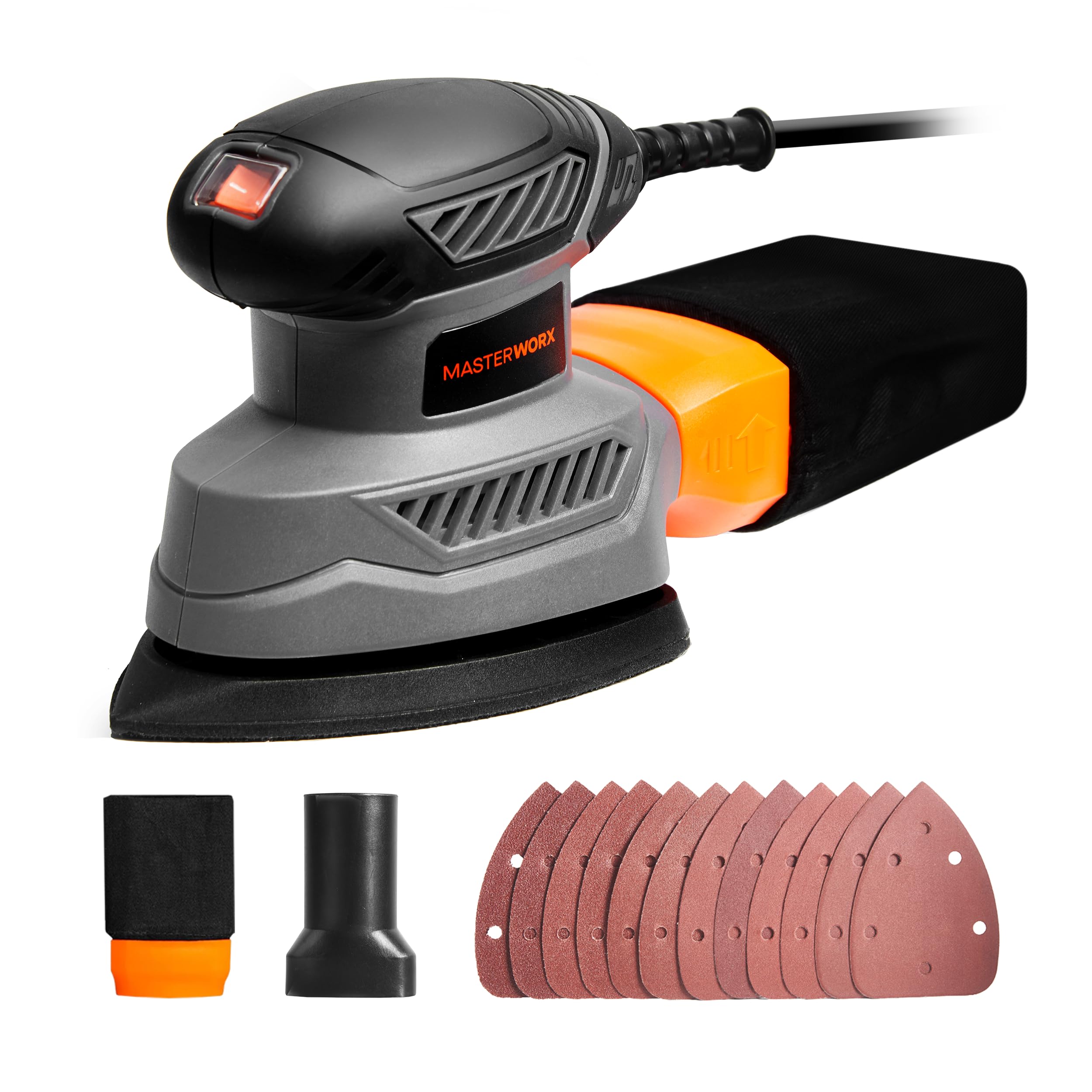 MasterWorx 130W Detail Sander | 13000RPM Corded Triangle Mouse Sander with Dust Collector & 12PCS Sanding Sheets | Compact Palm Sander for Wood, Paint, Corners & Tight Spaces