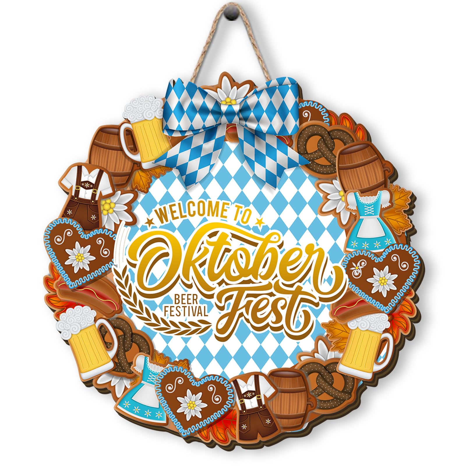 Flaircave Colorful Oktoberfest Wooden Wreaths For Front Door October Festival Welcome Sign German Flag Decor Bavarian Octoberfest Decorations For Home Party