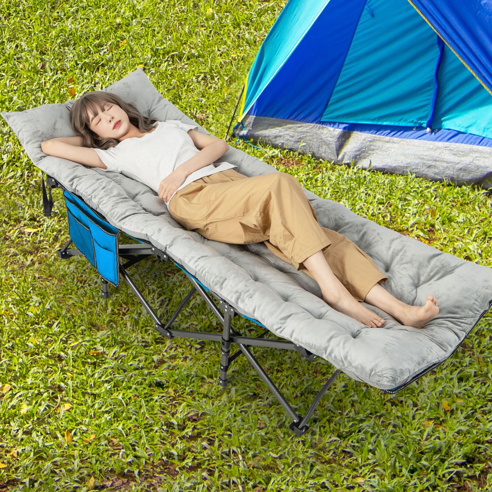 COSTWAY Baumwolle Feldbett Auflage, 7 cm Dicke Martratze mit Befestigungsbändern, Mehrzweck für Campingbett, Sonnenliege, Gartenliege, 190 x 70 cm, Grau