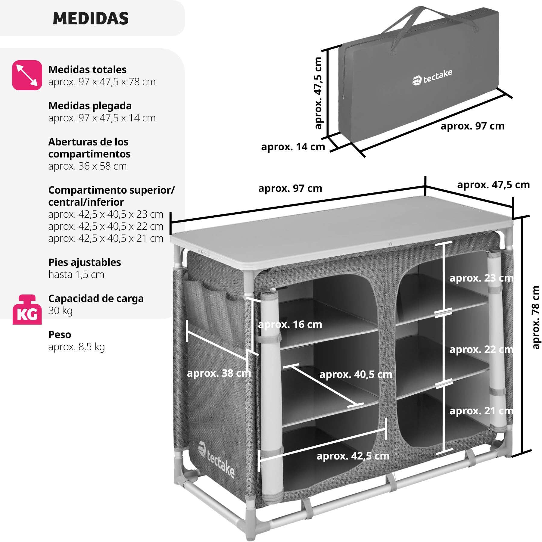 tectake® Cocina de Camping Plegable, Ligera, con Bolsa de Transporte, Accesorios de Cocina, Mesa Plegable, Armario Mueble, Mesa, Estructura de Aluminio - Gris