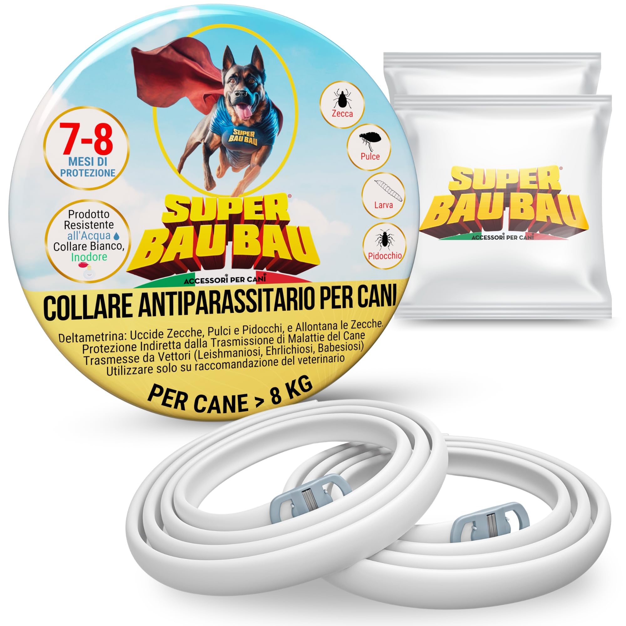 Super Bau Bau Collar Antiparasitario Perros - Collar Antipulgas Perros (Talla única 65 cm) + 14 Meses de Protección Superior contra Moscas, Garrapatas e Insectos