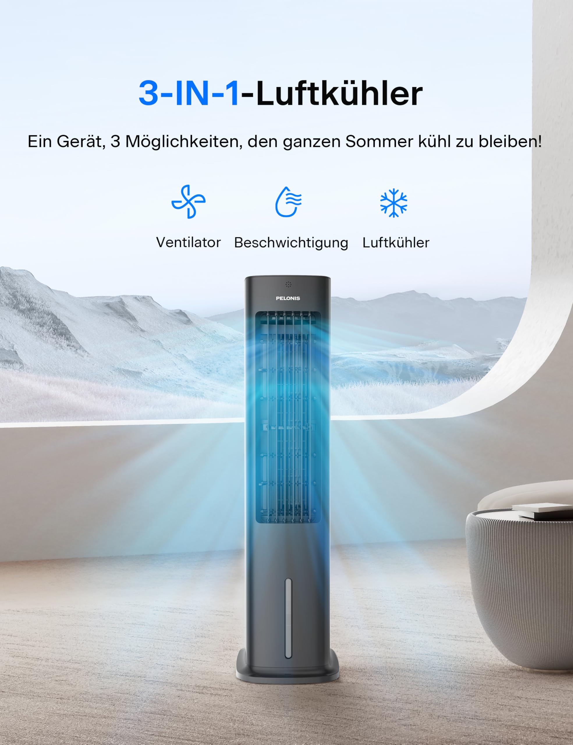 PELONIS 5L Verdunstungskühler mit Fernbedienung, 3-in-1 Tragbarer Luftkühler, Ventilator, Luftbefeuchter, Automatische Oszillation, 3 Stufen Timer 7H, 2 Kühlpads