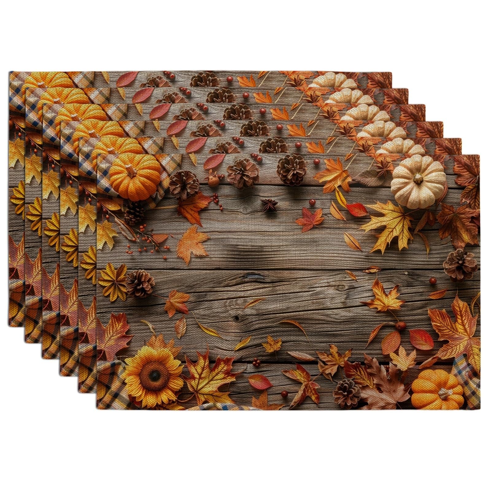 Autumn Harvest Pumpkin Placemats, Orange Rustic Fall Table Mats for Dining Room, Non-Slip Washable Indoor Outdoor Decor Placemat Set of 6