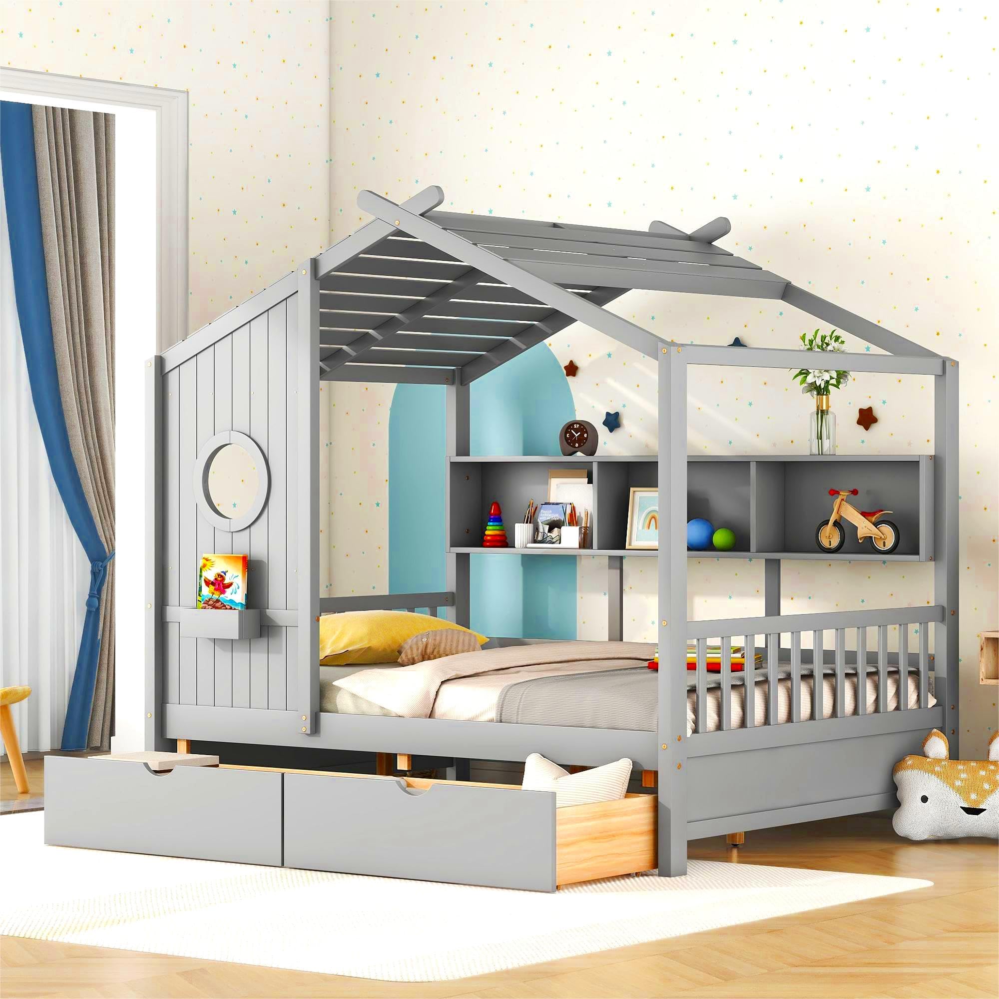 Modern Full Size House Bed with Roof and Window, Wooden Daybed Frame with Shelves and 2 Drawers,Bedroom Furniture for Girls &amp; Boys (Gray+2 Drawers*)