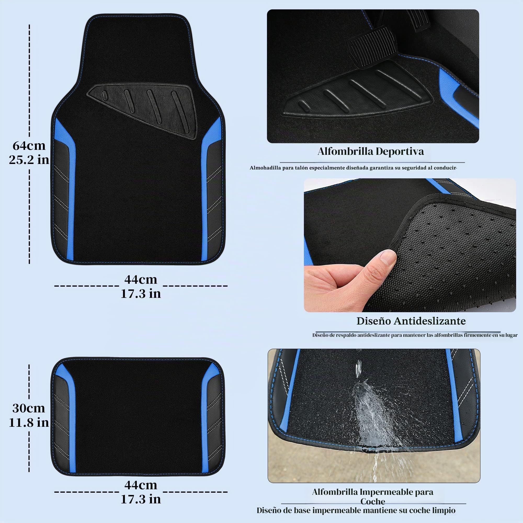 CAR PASS Deportivo Funda de Cuero para Volante Antideslizante y Alfombrillas Impermeables para Coche, de Microfibra, Universal para 95% de sedán, SUV, automóviles, 14.5-15 Pulgadas(Negro y Azul)