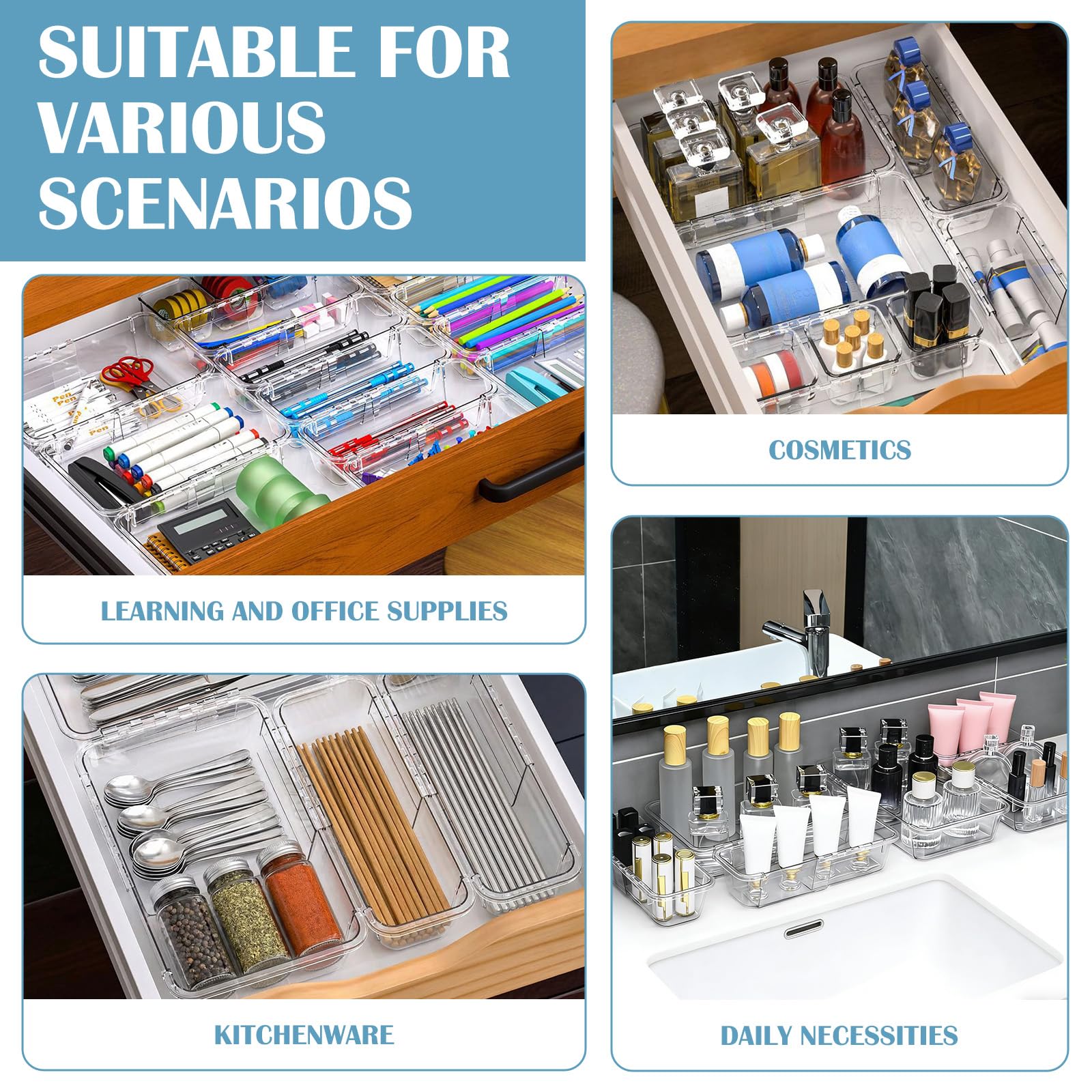 15 organizer per cassetti estensibili, trasparenti, regolabili, organizer per cassetti da scrivania, bidoni in acrilico per trucchi, cosmetici, utensili da cucina e ufficio