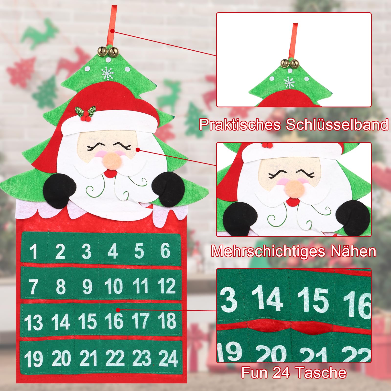 Calendario dell'Avvento per Natale, Natale, calendario dell'Avvento in feltro, con tasche da 24 giorni, può essere decorato liberamente, calendario natalizio fai da te, conto alla rovescia di Natale,