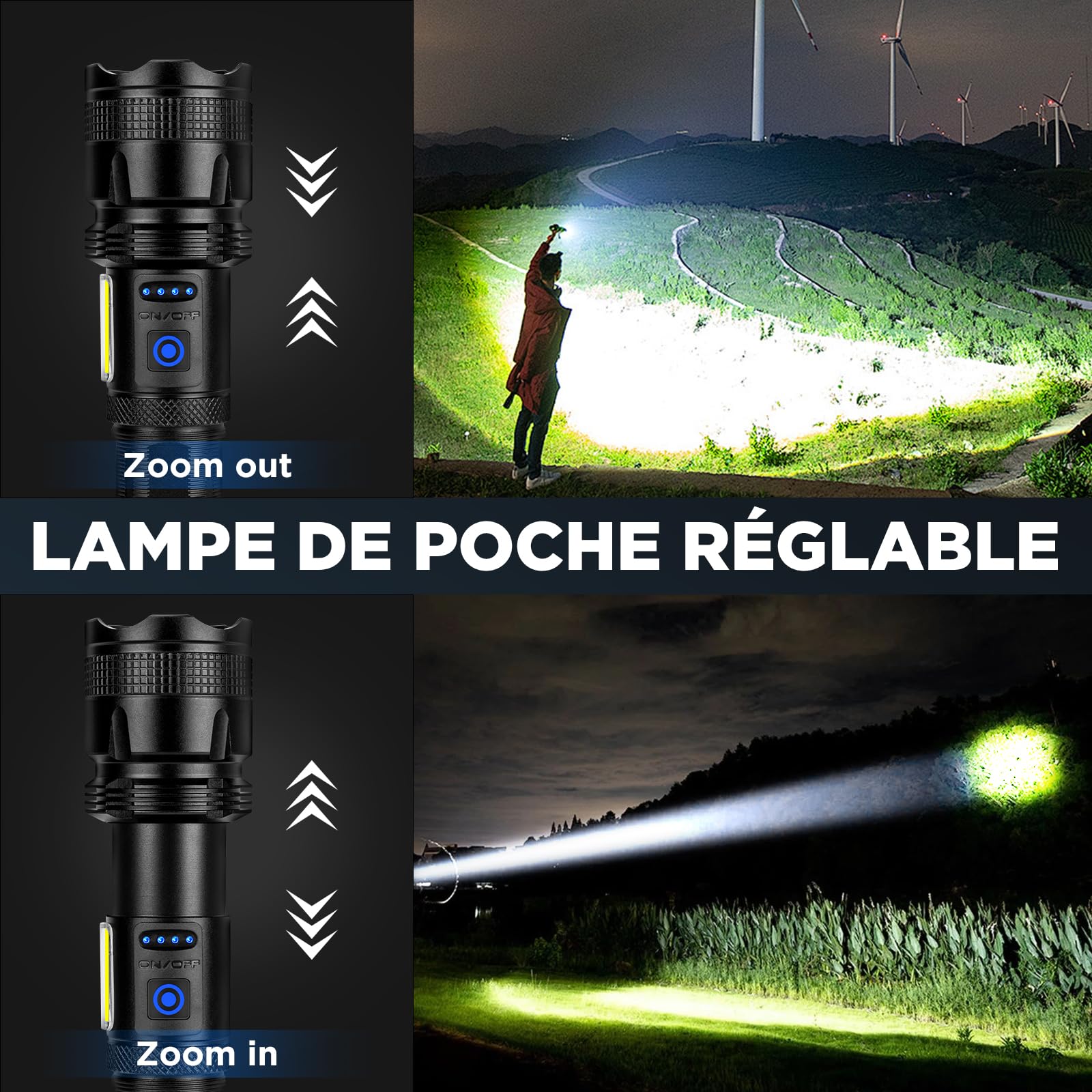 ZEUSFIRE Lampe Torche LED Ultra Puissante, 500000 Lumens Lampe Torche LED Rechargeable, Super Lumineuse 7 Modes Longue Durée, IPX7 Étanche Lamp Torch Pour Camping, Randonnée