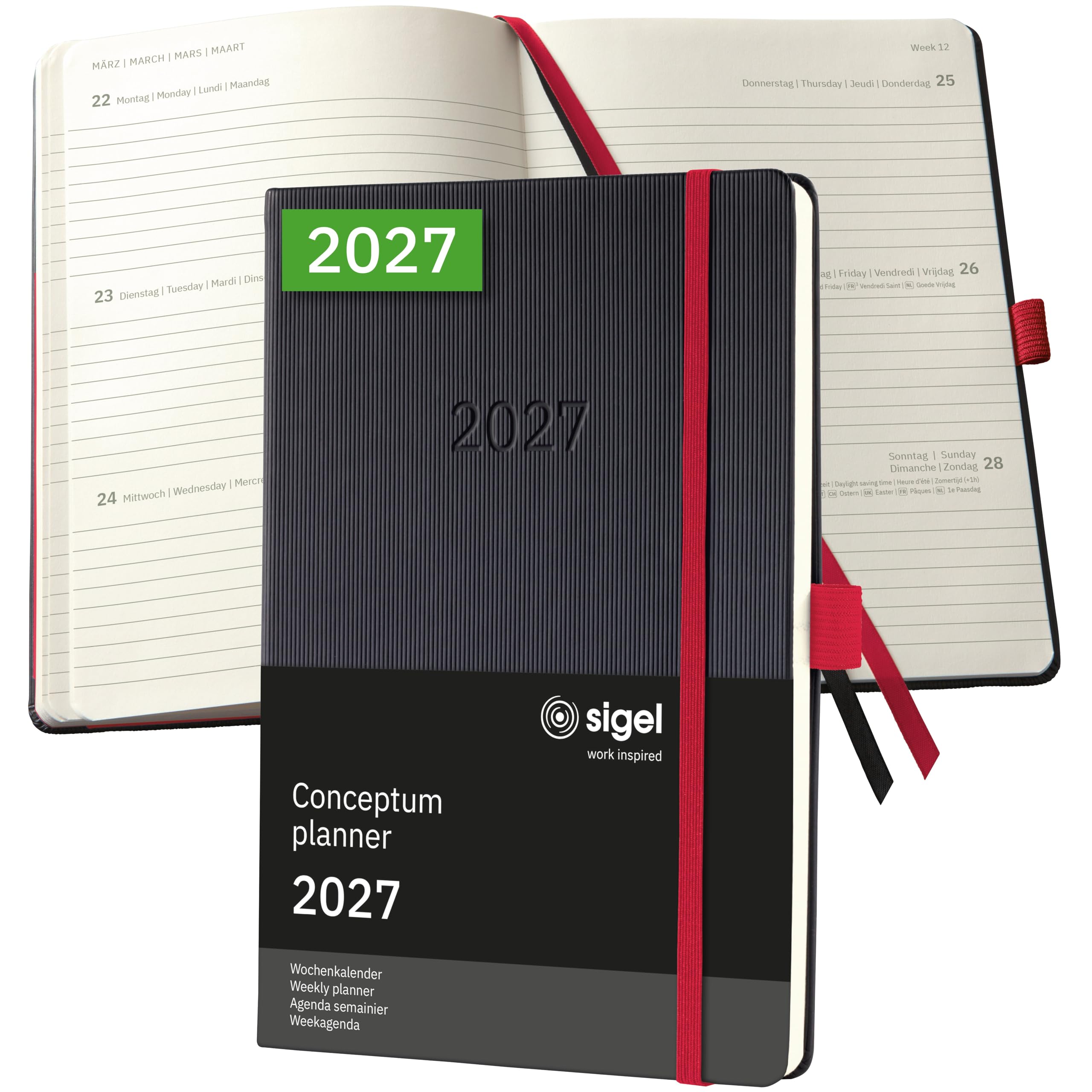 SIGEL C2708 Wochenkalender Conceptum 2027, ca. A5, Hardcover, schwarz/rot: 2 Seiten = 1 Woche, 80 g/m², 192 S., FSC-zertifiziert, vegan