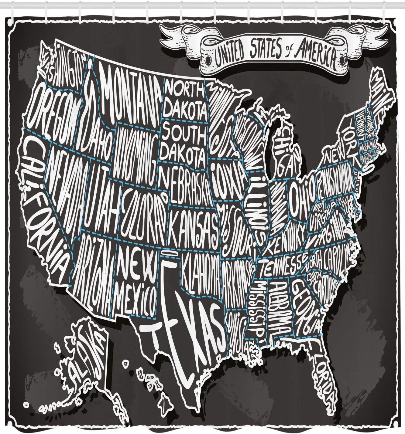Ambesonne USA Map Shower Curtain, American Towns Calligraphy Style City Geography National Print, Cloth Fabric Bathroom Decor Set with Hooks, 69" W x 75" L, Charcoal Grey