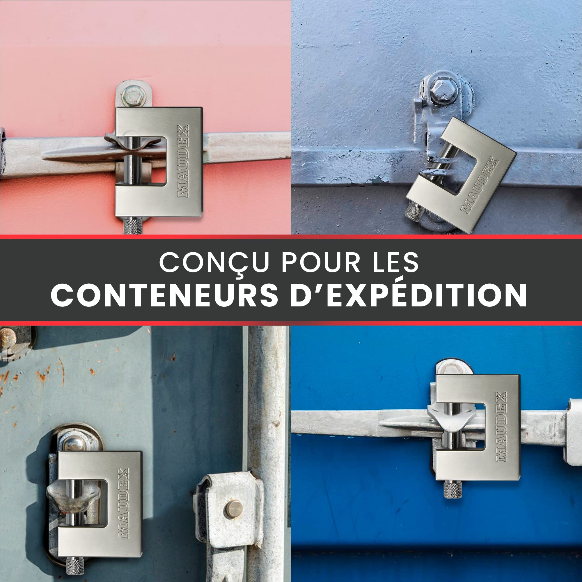 Maudex® MDP90 Cadenas Extérieur avec 10 Clés - Anse 12 mm Anse Résistante aux Coupures, Gros Corps Inox Étanche | Antivol de Sécurité pour Conteneur, Portail, Remorque Attelée