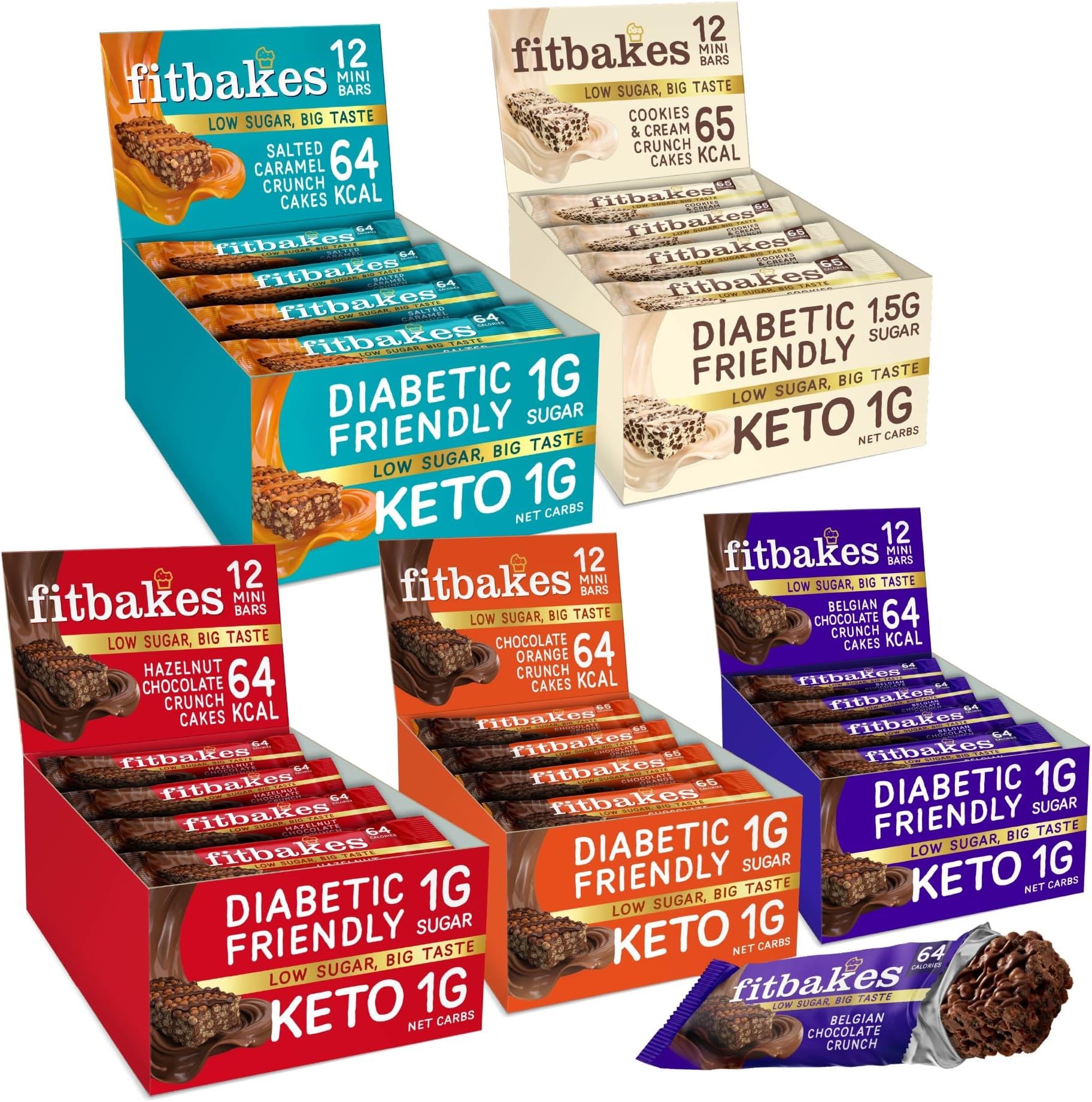 Fit bakes Keto Snack & Diabetic Chocolate Bundle : Keto Bars, 5 Flavours : Belgian Chocolate, Salted Caramel, Chocolate Orange, Hazelnut, Cookies & Cream, Sweet Diabetic Biscuit, Low Calorie, Fitbake