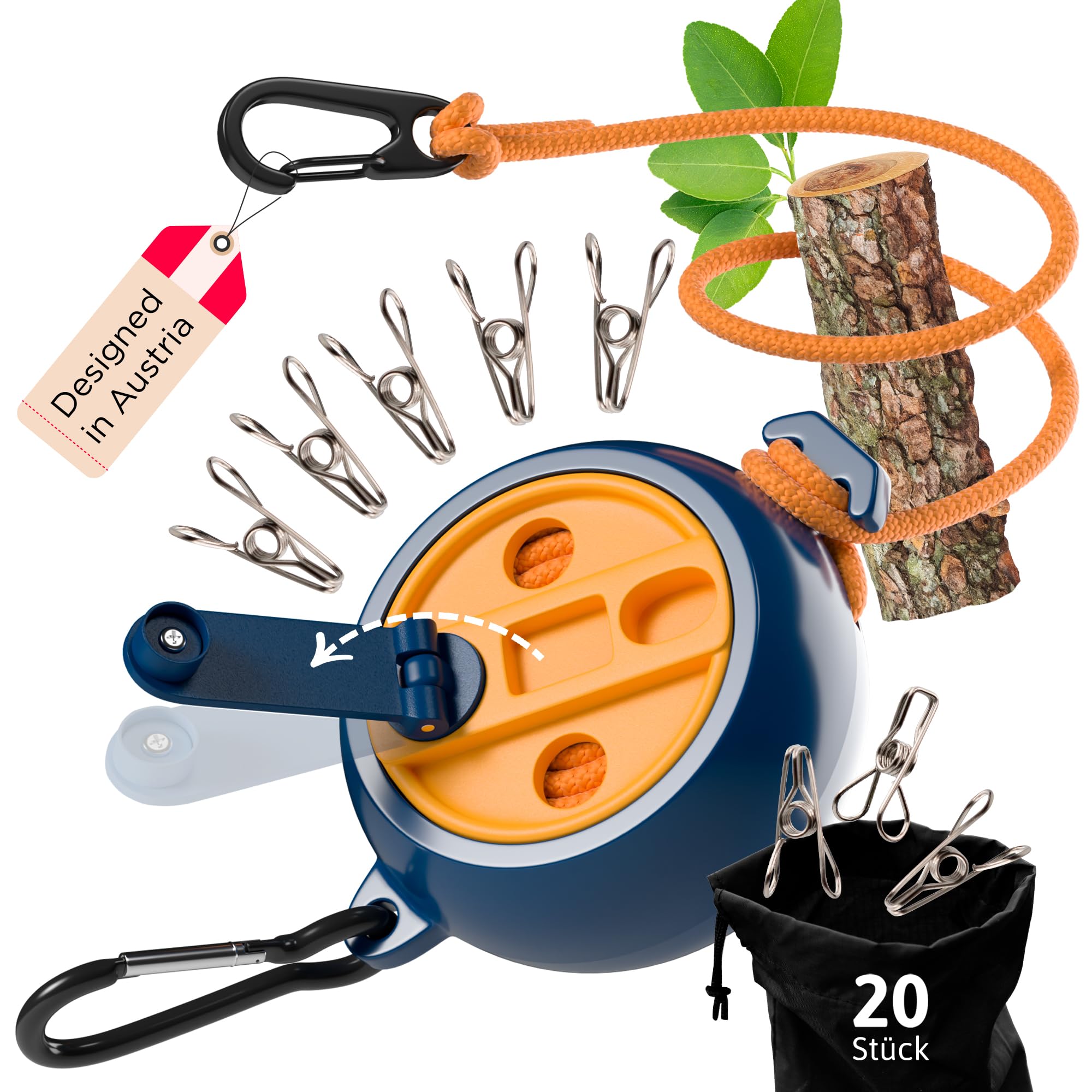 AUTDOOR® Wäscheleine ausziehbar - mit ausklappbarer Handkurbel für müheloses Aufrollen - Robuste 10m Reisewäscheleine für Camping, Wohnmobil & Balkon (Blau)