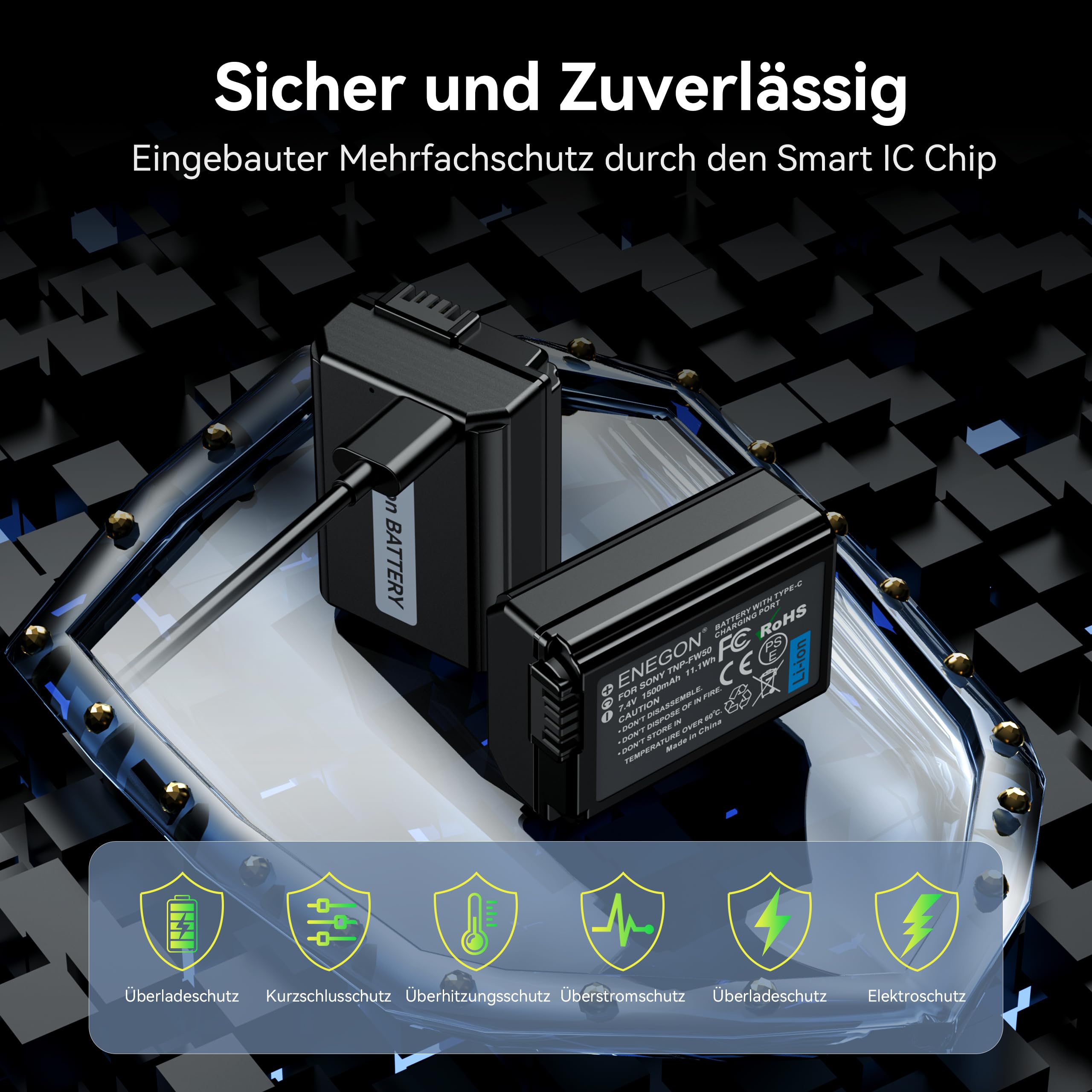 ENEGON NP-FW50 Direktlade-Ersatzbatterien 1500mAh (2er-Pack) mit 2-in-1-USB-C-Ladekabel für Sony ZV-E10,NEX 3/5/7&SLT-A Serie,Sony A7, A7SII, A7R, A7RII,A3000,A6000,A6500,A6300,A6400 A55,A5100,RX10II