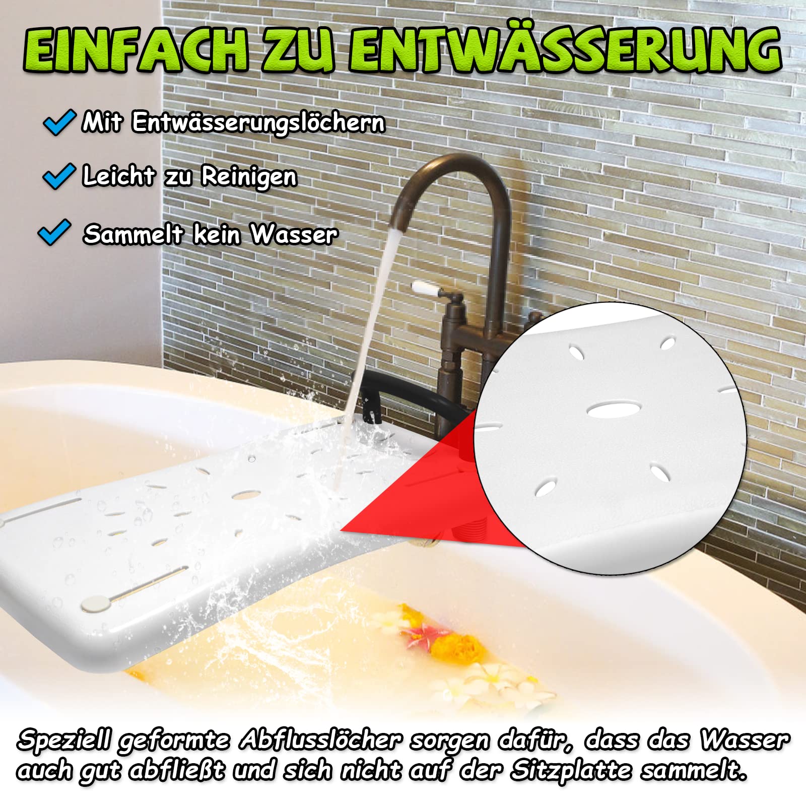 Froadp 70x31x5cm Badewannensitz mit Schwarz Griff Badewannenbrett zum Sitzen aus PP Wannensitz Badewanne Sitzbrett für Erwachsene Senioren Schwangere 41-63cm Einstellbarer Abstand