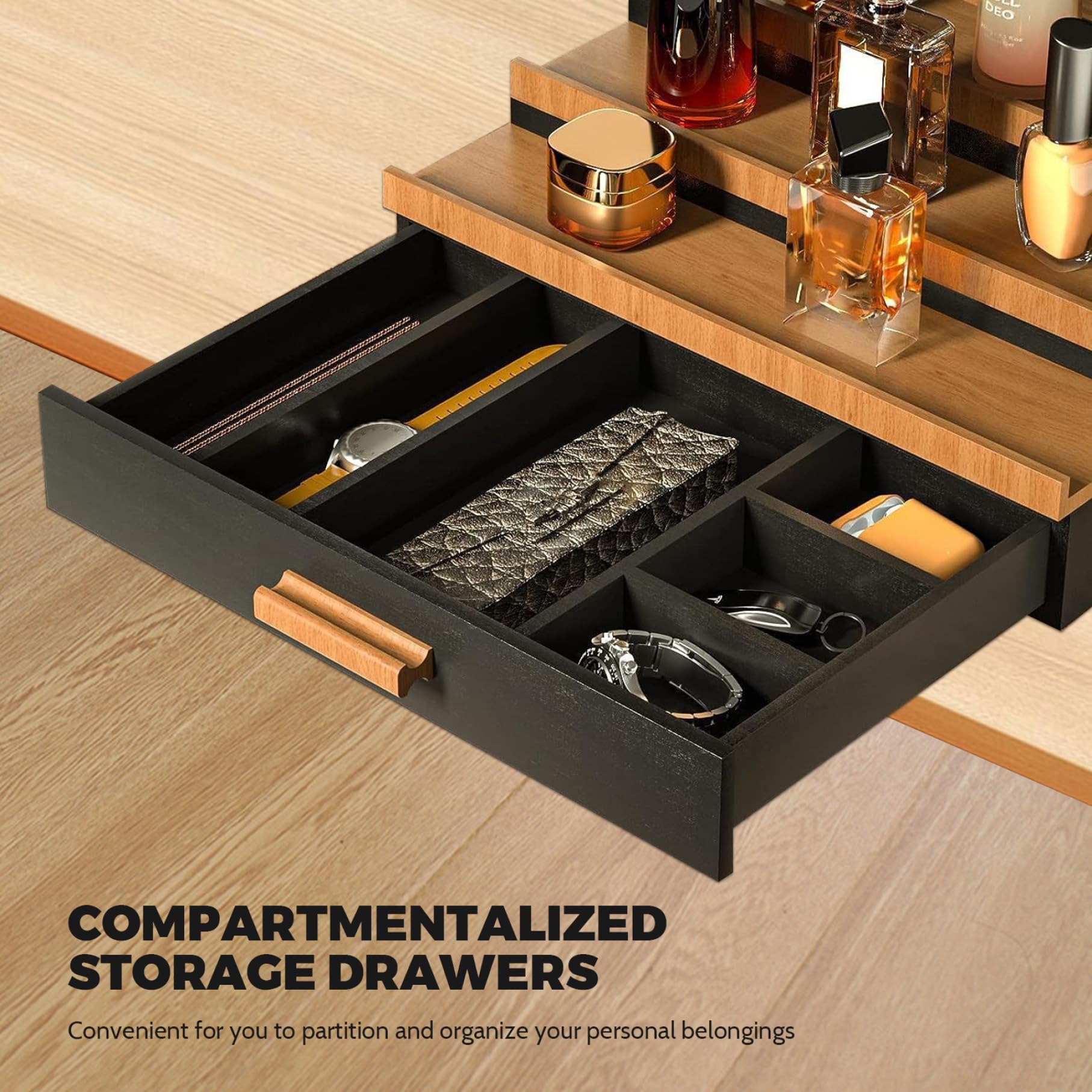 Organizador de perfumes, soporte de madera para perfumes de 12, 6x8, 7x4, 1 pulgadas, organizador de colonia elevado de 3 niveles con cajones con compartimentos, soporte de colonia portátil para tocad