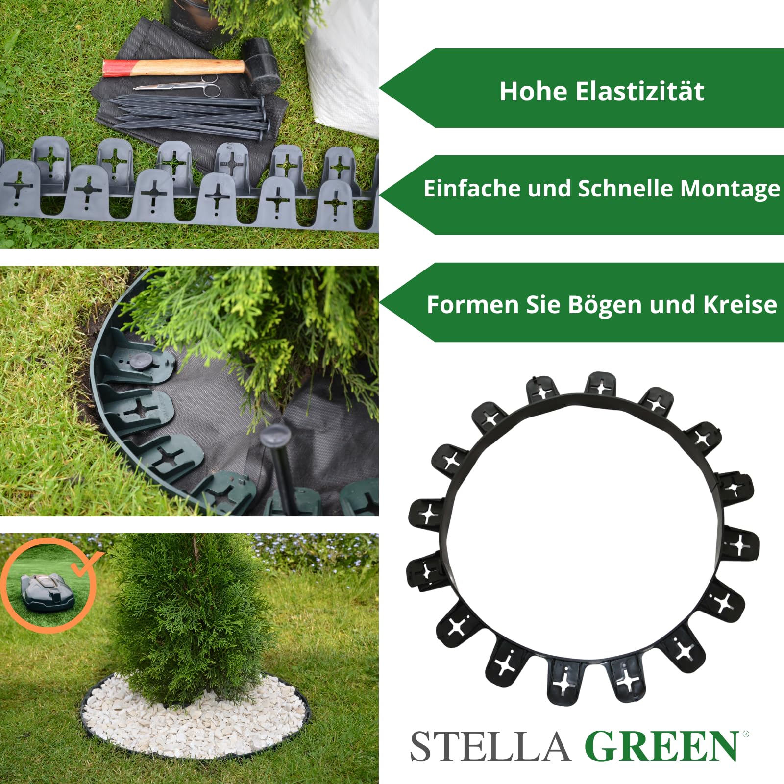 STELLA GREEN Obrzeże trawnikowe z tworzywa sztucznego, elastyczne, zestaw SE45, 10 obrzeży rabatek, długość 30 m, wysokość 4,5 cm, obramowanie rabatki z 120 kotwami gruntowymi, łatwy montaż, kolor