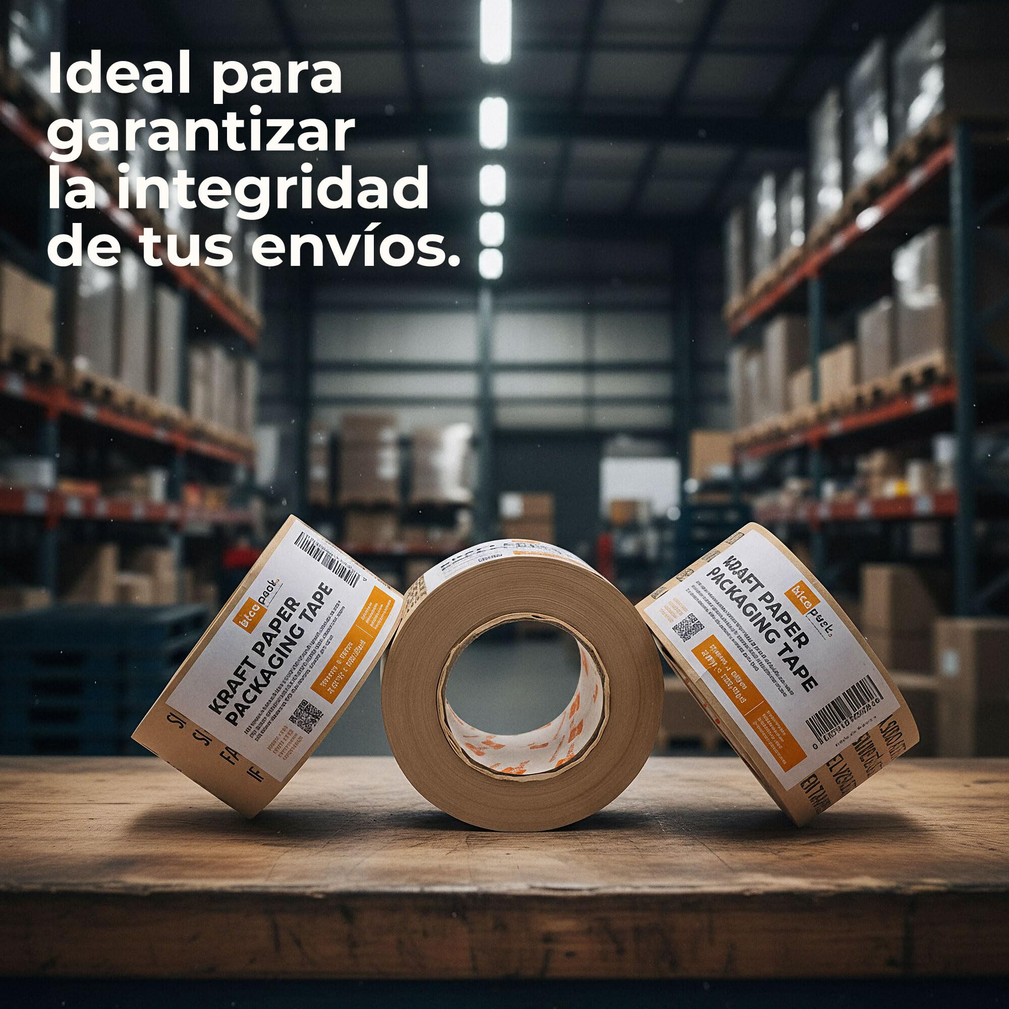 Caja Profesional de 24 Rollos de Cinta de Papel Kraft Engomada Activada por Agua, 70 mm x 100 m, Precinto de Seguridad Impreso, Adhesivo Vegetal, Mandril de 76 mm