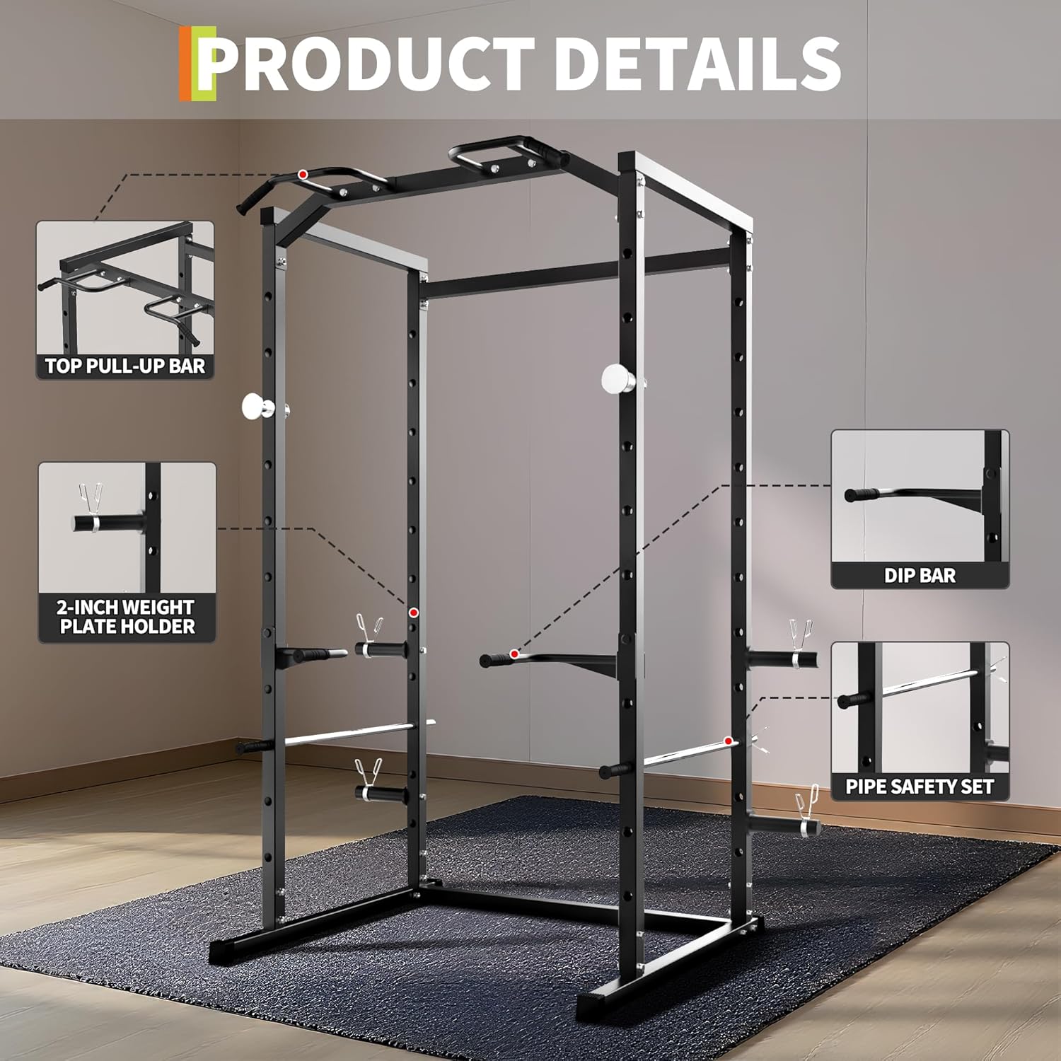 Heavy Duty Multi-Function Power Cage Squat Rack – 1100LB Capacity with Pull-Up Bar, Adjustable Safety Bars, Bench Press Rack for Home Gym Strength Training