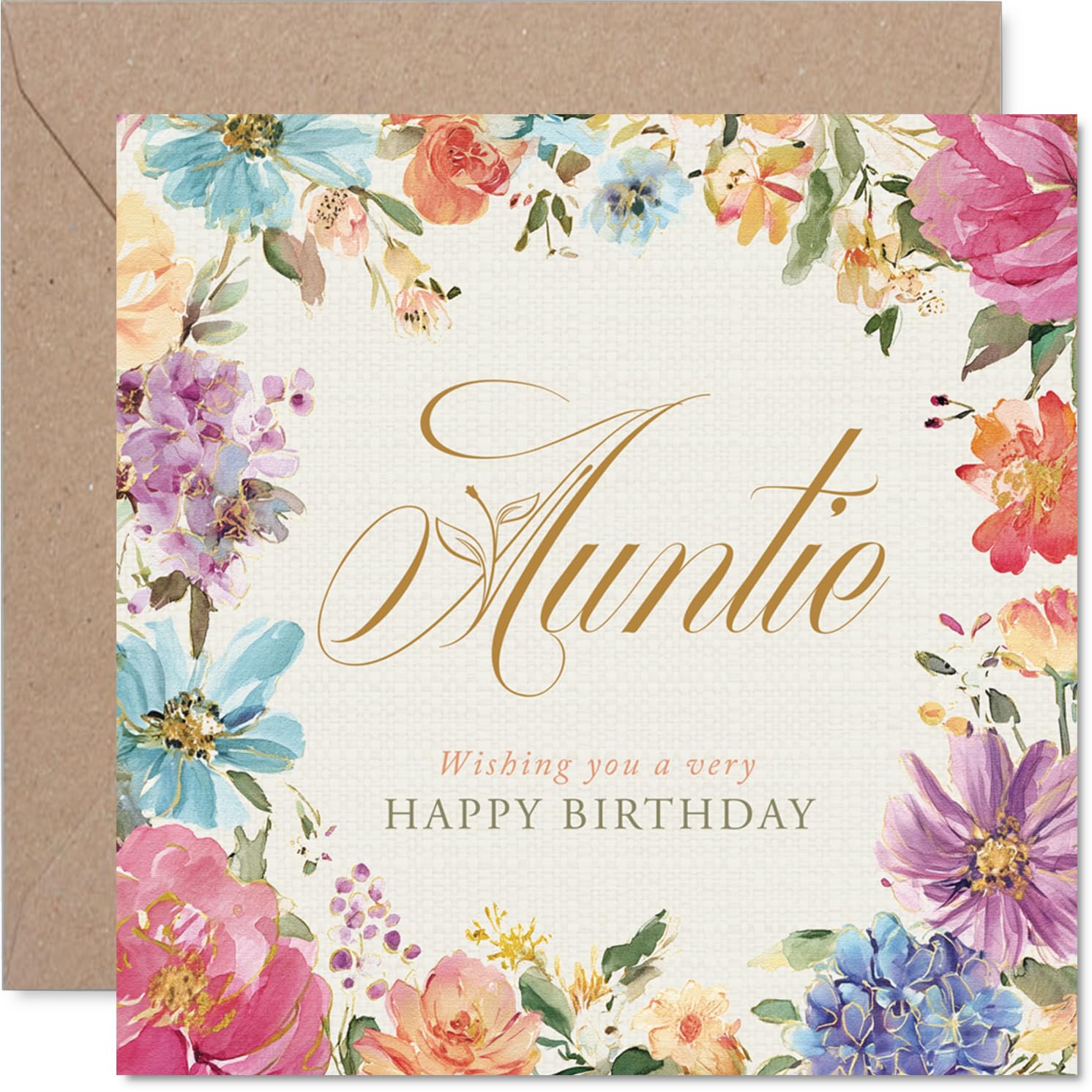 Heartfelt Birthday Card for Auntie - Brighten Her Special Day - Pastel Floral Design with Cheerful Birthday Wishes - 145mm Square, Envelope Included