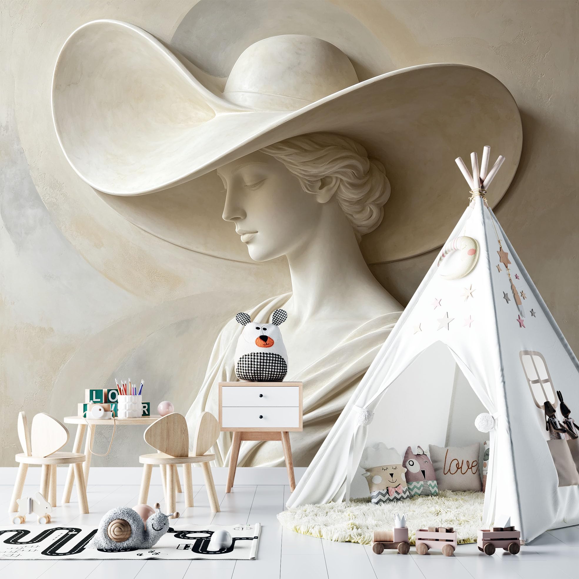 Carta da Parati Murale Fotografico 3D Effetto Marmo in Tessuto Non Tessuto 371 x 280 cm con Scultura di Donna con Cappello Ideale per Soggiorno Camera Letto Corridoio e Pareti Decorative.