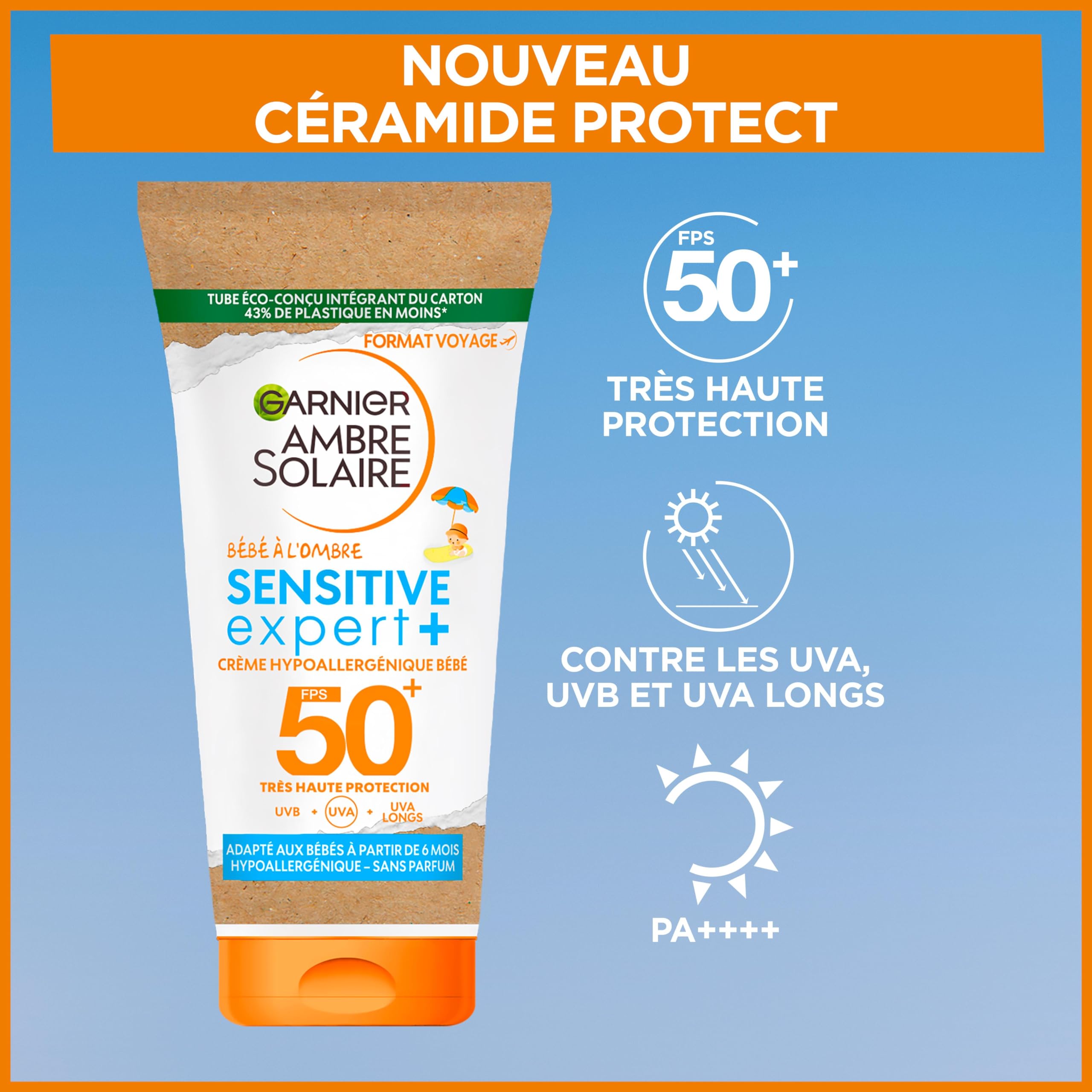 GARNIER Ambre Solaire - Bébé À L'Ombre Sensitive Expert+ - Lait Solaire Bébé FPS 50+ - Protège des UVA & UVB, UVA Longs - Résiste à L'eau - Céramides - Vegan - Dès 6 Mois - Peaux Claires - 50 ml