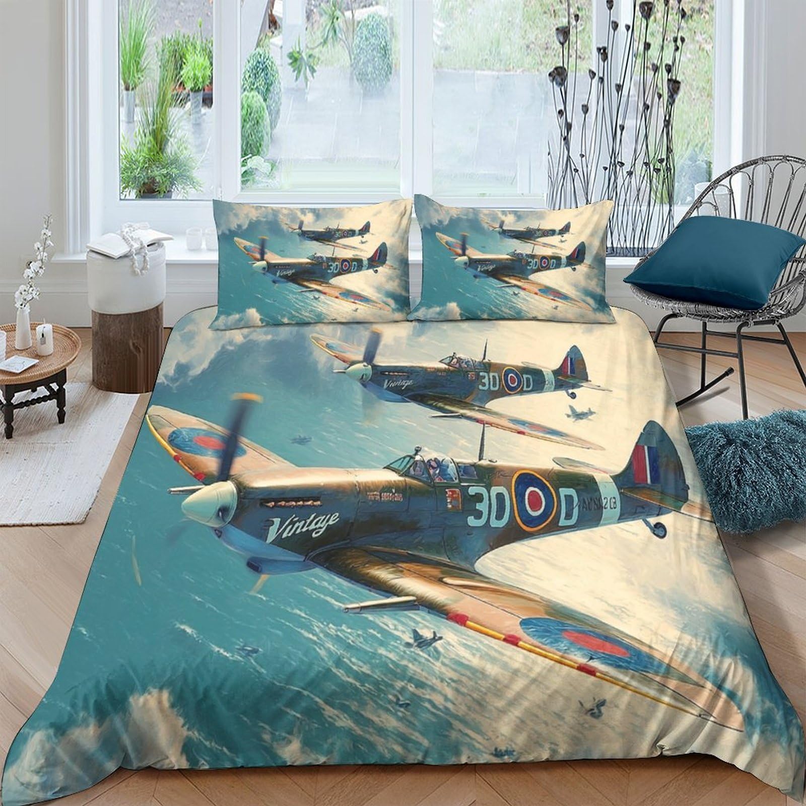 Ctjqhvkz Style-2 3D Printed Vintage Aircraft Fitted Sheet Microfiber Soft Breathable Wwii Fighter Plane Bed Cover For Bedroom Decor Single（135X200cm）