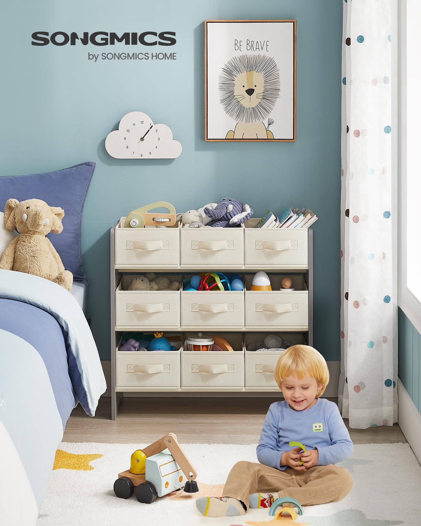 Kinderplank met 9 opbergdozen van vliesstof