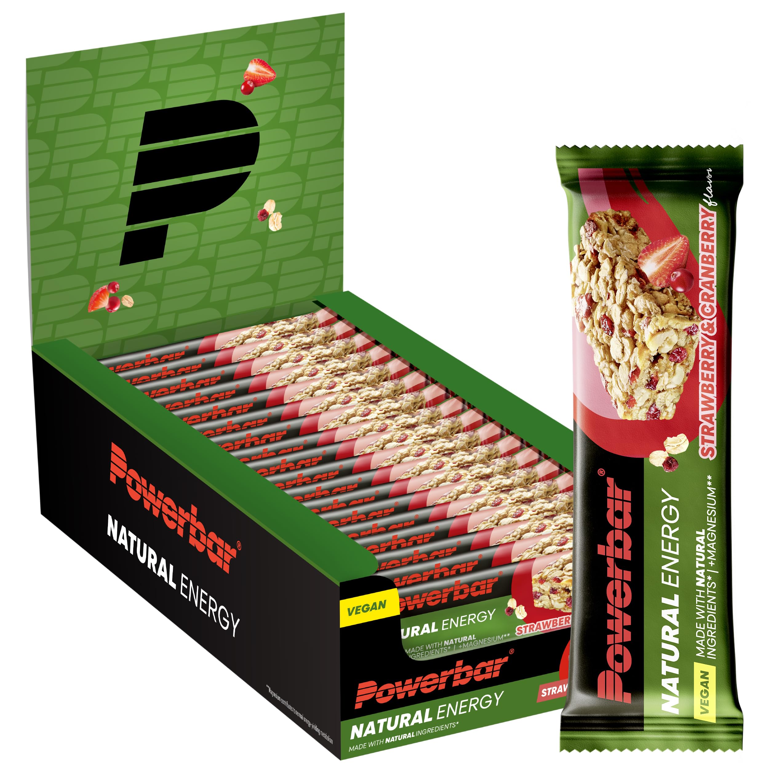 Powerbar - Natural Energy Cereal - Strawberry Cranberry - 18x40g - Barre énergétique végétalienne riche en glucides - Magnésium