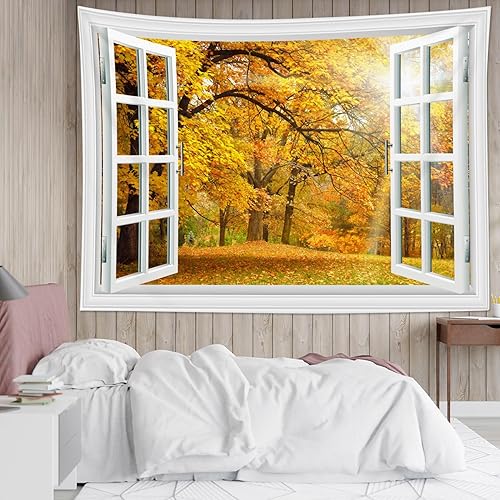 Miniatura 2 de LB Tapiz naranja otoñal para colgar en la pared, diseño de árbol del bosque de otoño, hojas amarillas, paisaje natural, tapiz de pared para