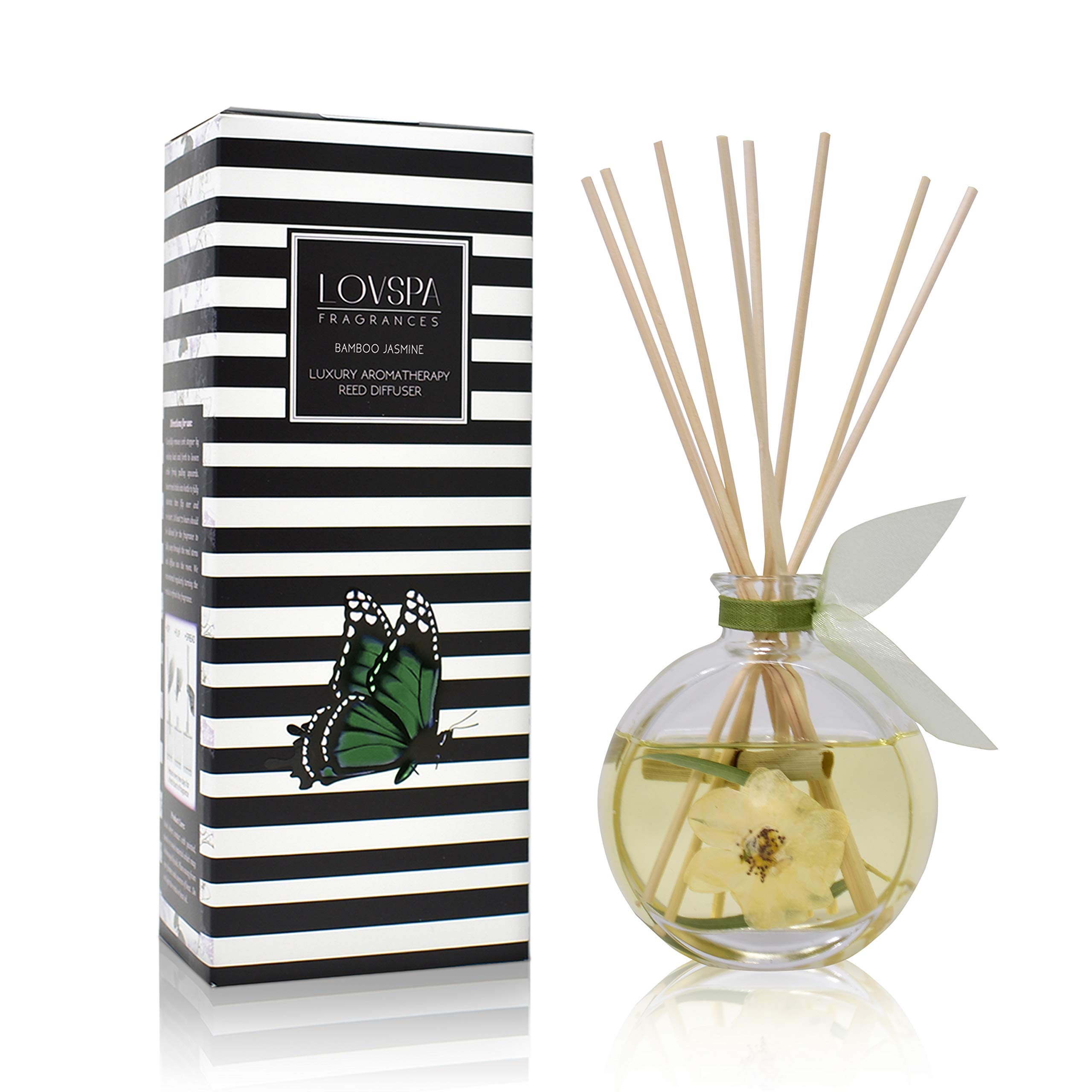 LOVSPA Bamboo Jasmine Reed Diffuser Oil Gift Set | Wild Bamboo, Black Currant, Green Palm & White Jasmine | Real Bamboo & Flower in The Bottle! #1 Home Gift Idea | Made in The USA