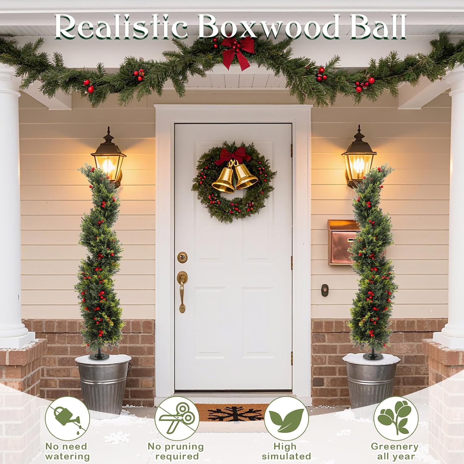 Yunlly 4 ft Christmas Spiral Topiary Trees Set of 2, Real to Touch Cedar Christmas Trees Outdoor Porch Decor, Fake Cypress Shrubs with Spike Red Berries Planter for Entryway Yard Garden (4 ft, Vivid)