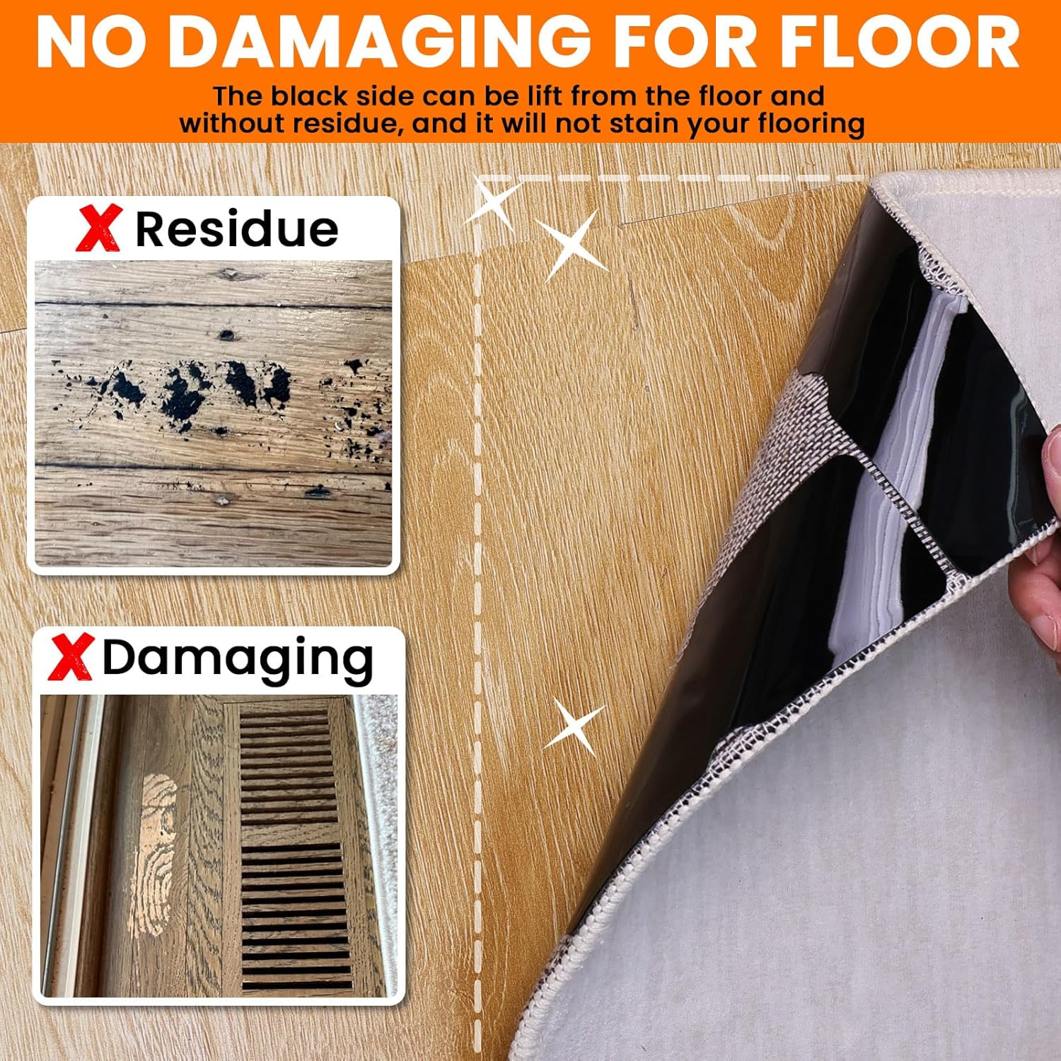 Rug Non Slip Grippers, Reusable Rug Tape Pads for Hardwood Floors, Laminate Floor, Tiles, No Residue on Flooring, Strong Adhesive Carpet Tape for Area Rugs, Keep Corners Flat (24)
