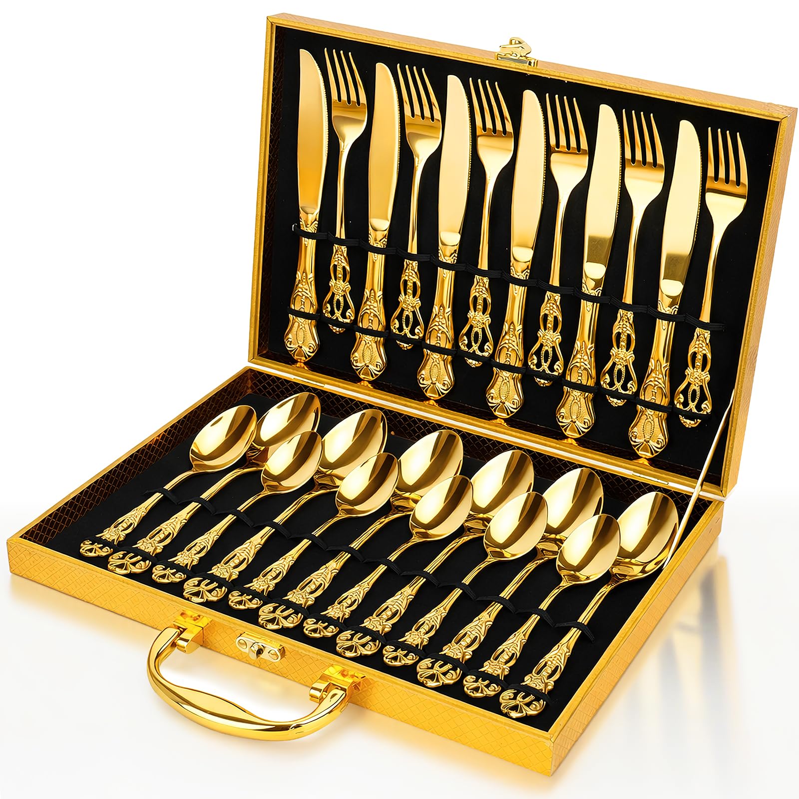 24 Piece Gold Cutlery Set for 6, Stainless Steel Knife Fork Spoon Set with Storage Case, Luxury Gold Flatware Gift Set for Wedding Dinner Party Christmas Tableware