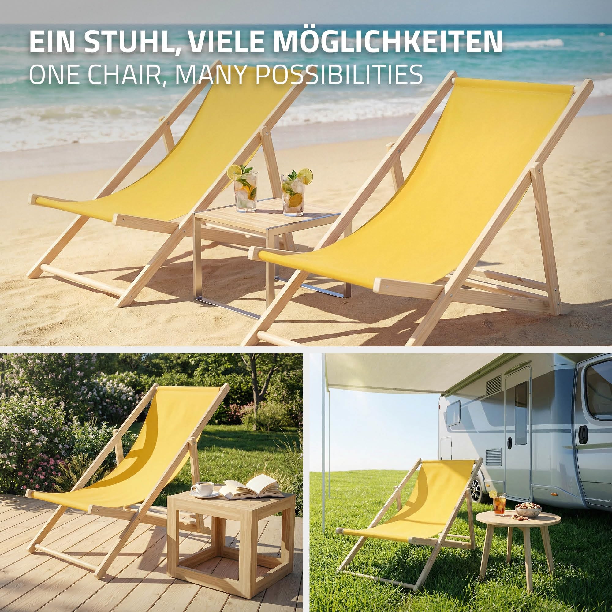 ECD Germany Lot de 2 Chaises Longues Pliantes en Bois Chiliennes, Jaune, Dossier Réglable, 3 Positions de Couchage, jusqu'à 120kg, Bain de Soleil en Tissu pour la Plage Jardin Terrasse Camping