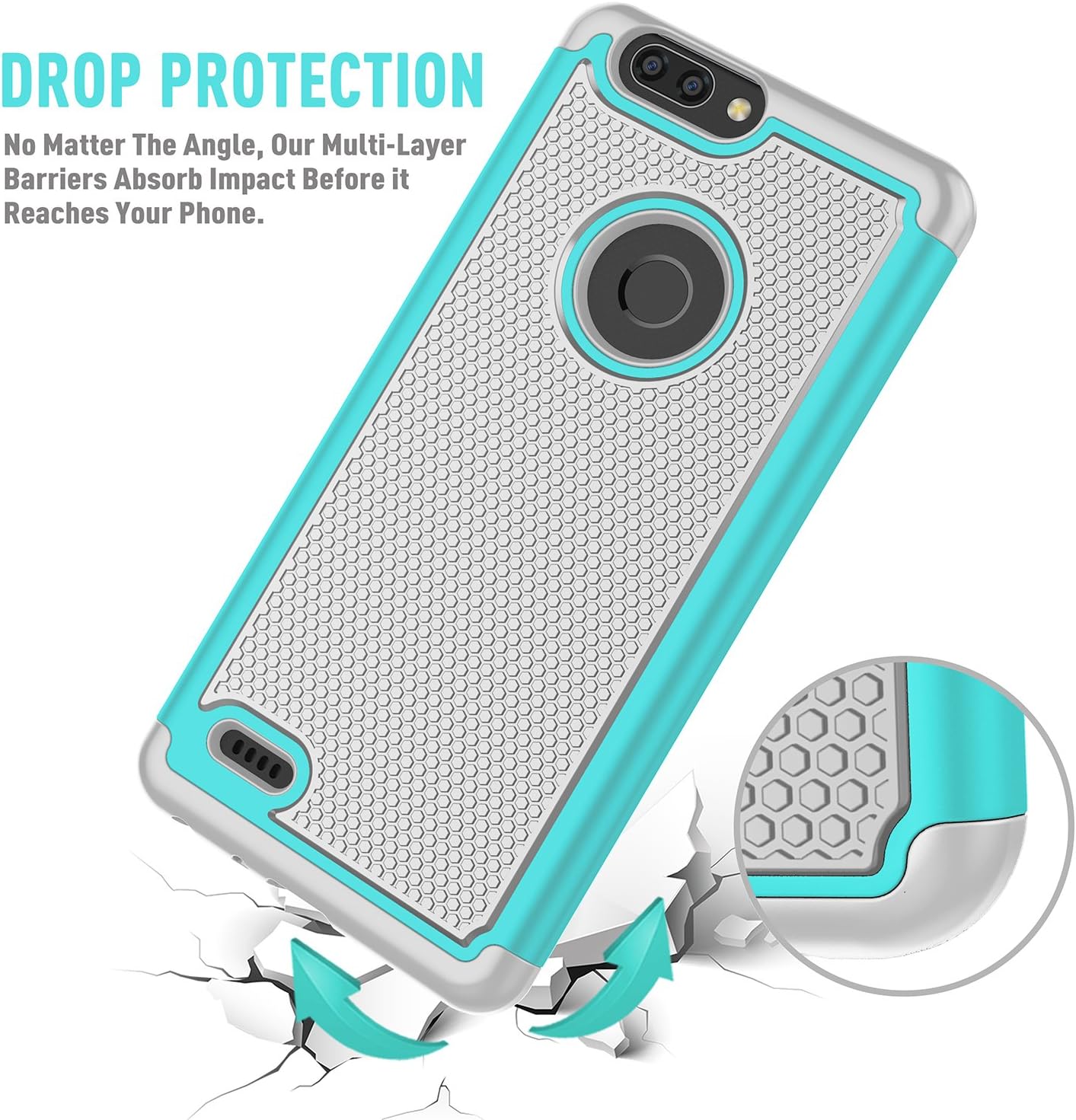 TILL for ZTE Blade Z Max Case, ZTE ZMax Pro 2/ ZTE Sequoia [Shock Absorption] Dual Layer Hybrid TPU Rubber + Plastic Armor Defender Protective Hard Case Cover Shell for ZTE Z982 [Turquoise]